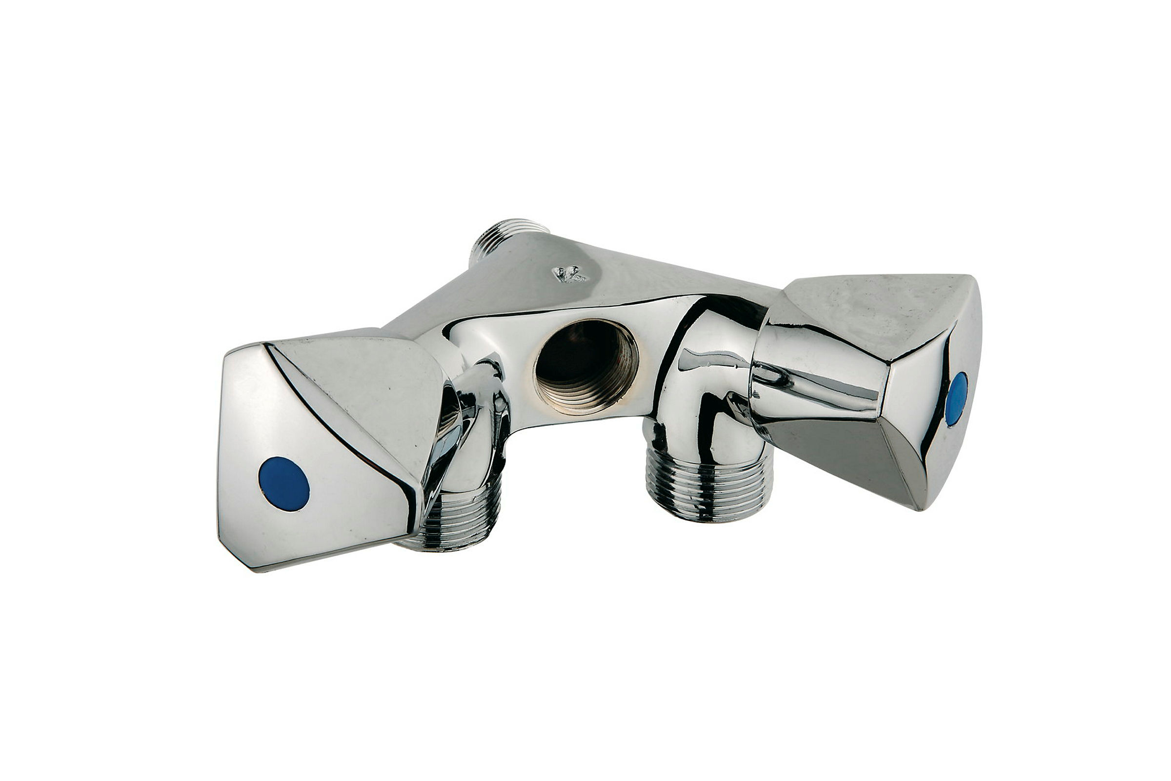 Doppel-GA-Wandventil, Chrom, 1/2''AG x 3/4''AG x 1/2''IG, mit Rückflussverh