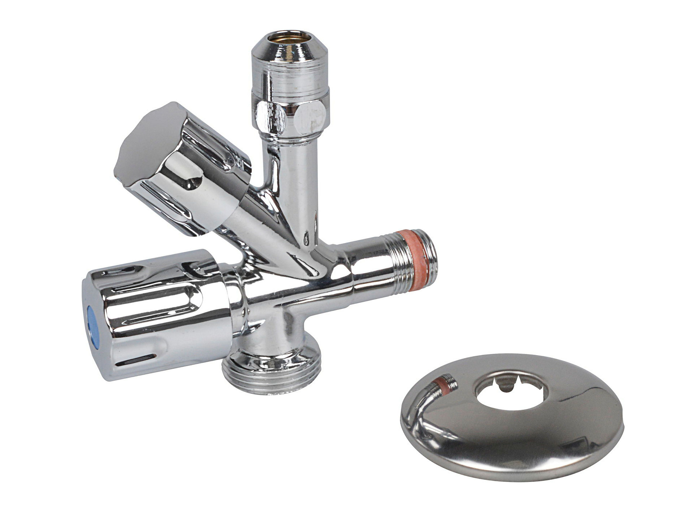 GA-Eckventil, Chrom, 1/2''AG x 3/4''AG x 3/8''AG x 10 mmQ, mit Rückflussver