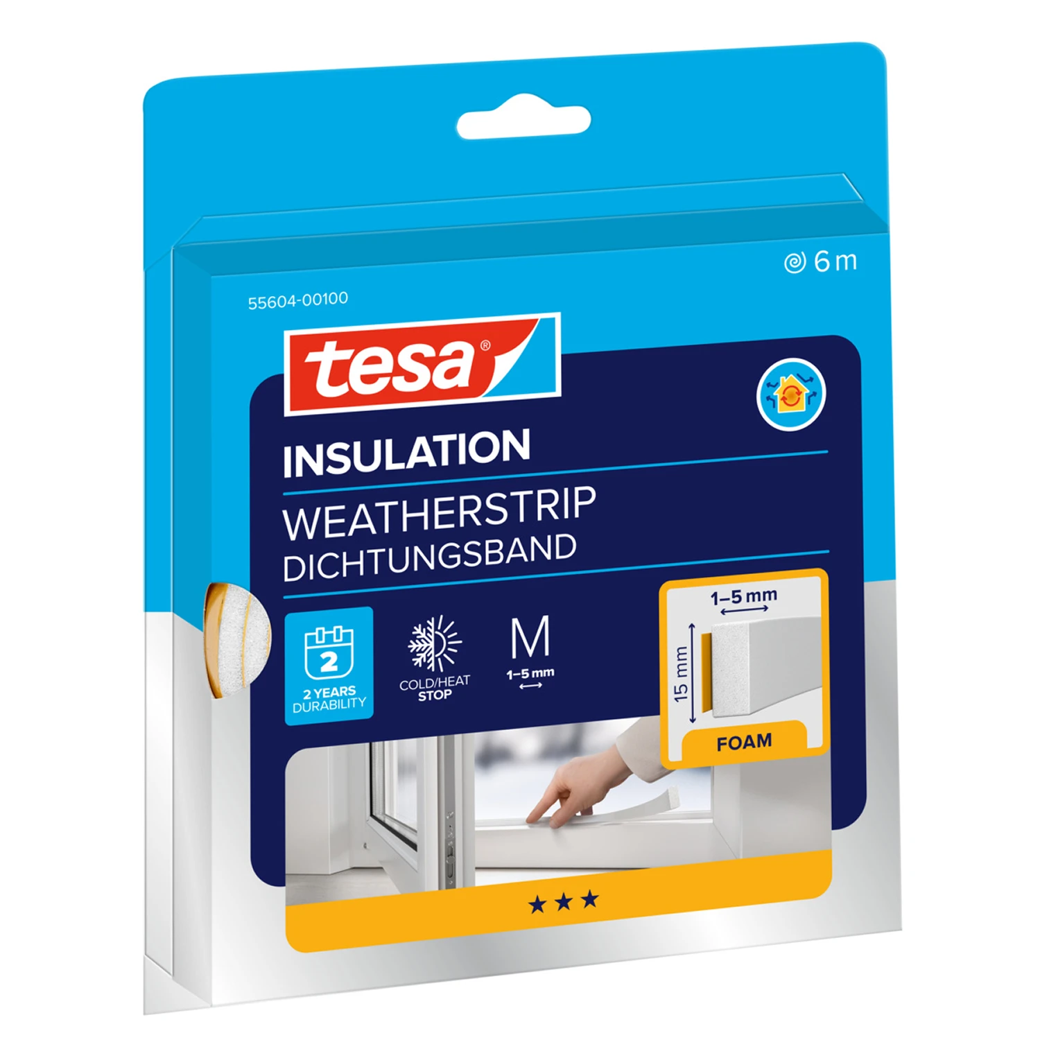 tesamoll® Schaumstoffdichtung für Fenster und Türen, weiß, 6m x 15mm x 6mm