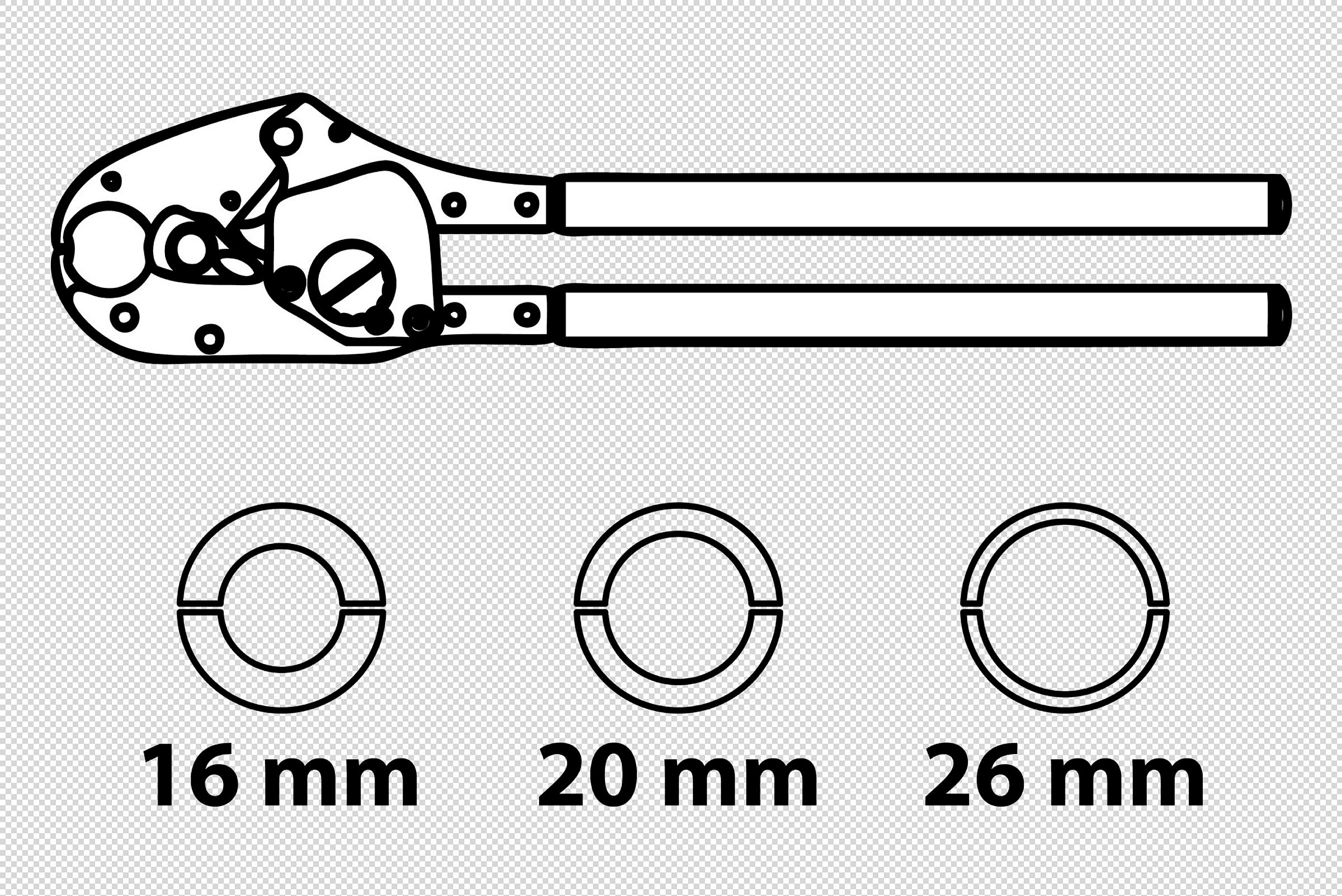 Handpresszange, mit Einsätze 16-20-26 mm, für Mehrschichtverbundrohr