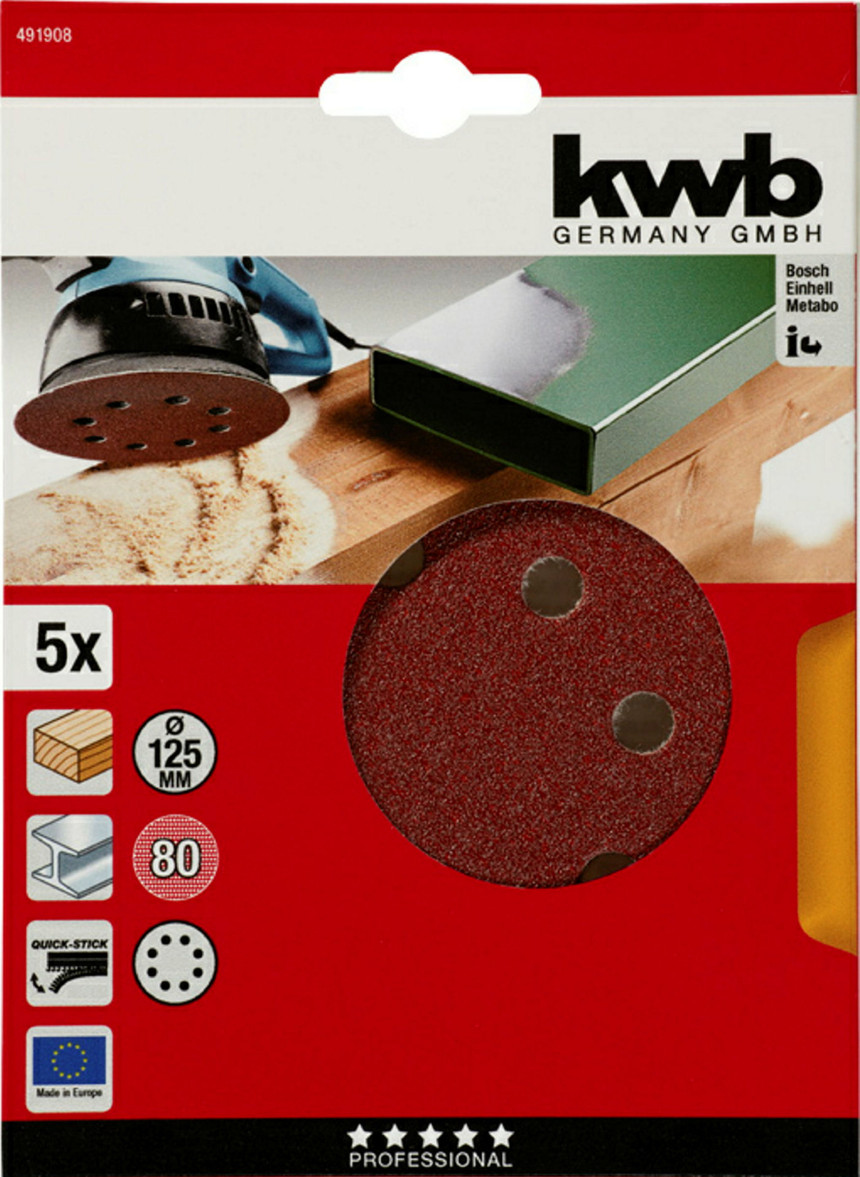 Haft-Schleifscheiben, HOLZ & METALL, Edelkorund, Ø 125 mm, gelocht, K 80
