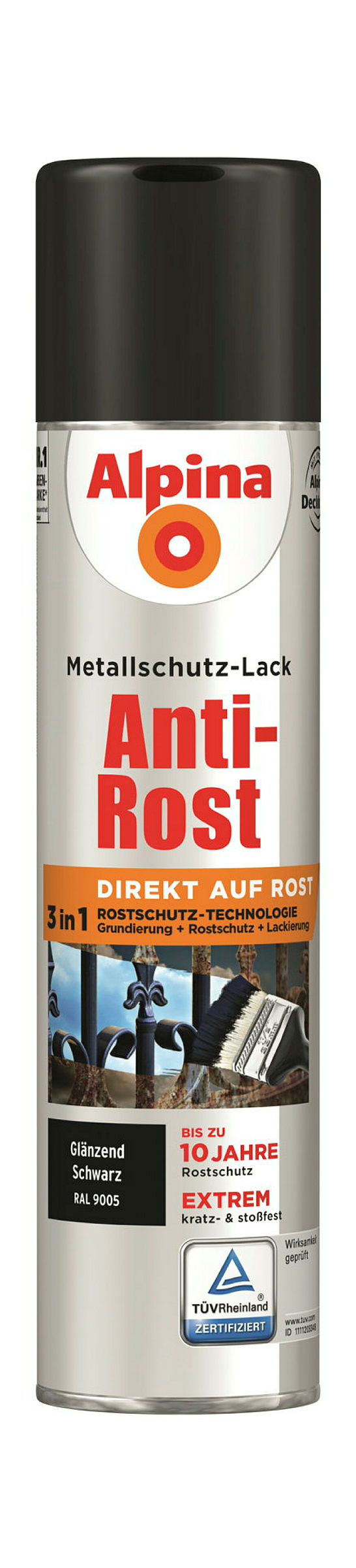 Alpina Metallschutzlack Anti-Rost Schwarz 400ml Sprühdose glänzend