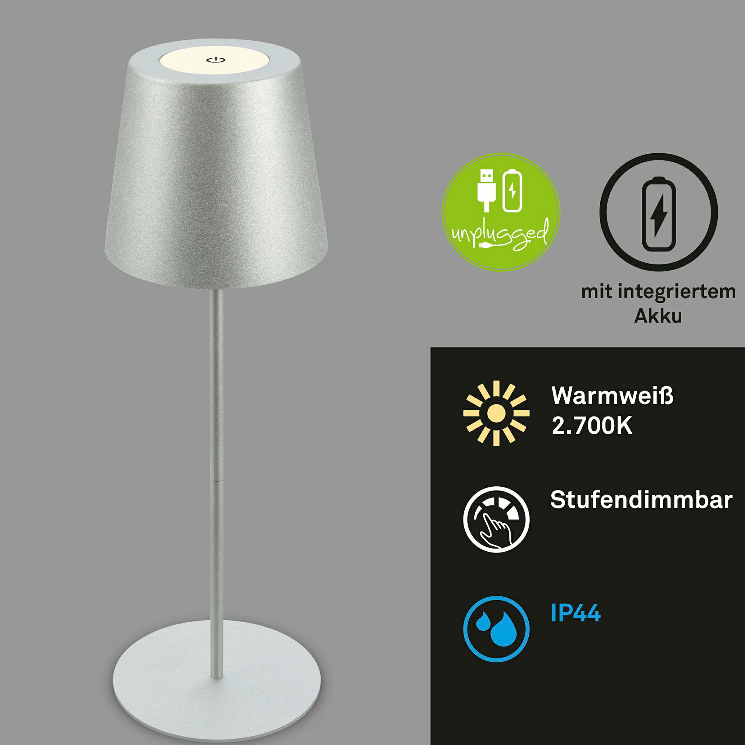 KIKI LED Akku Tischleuchte, IP44, 2,5W, Chrom matt