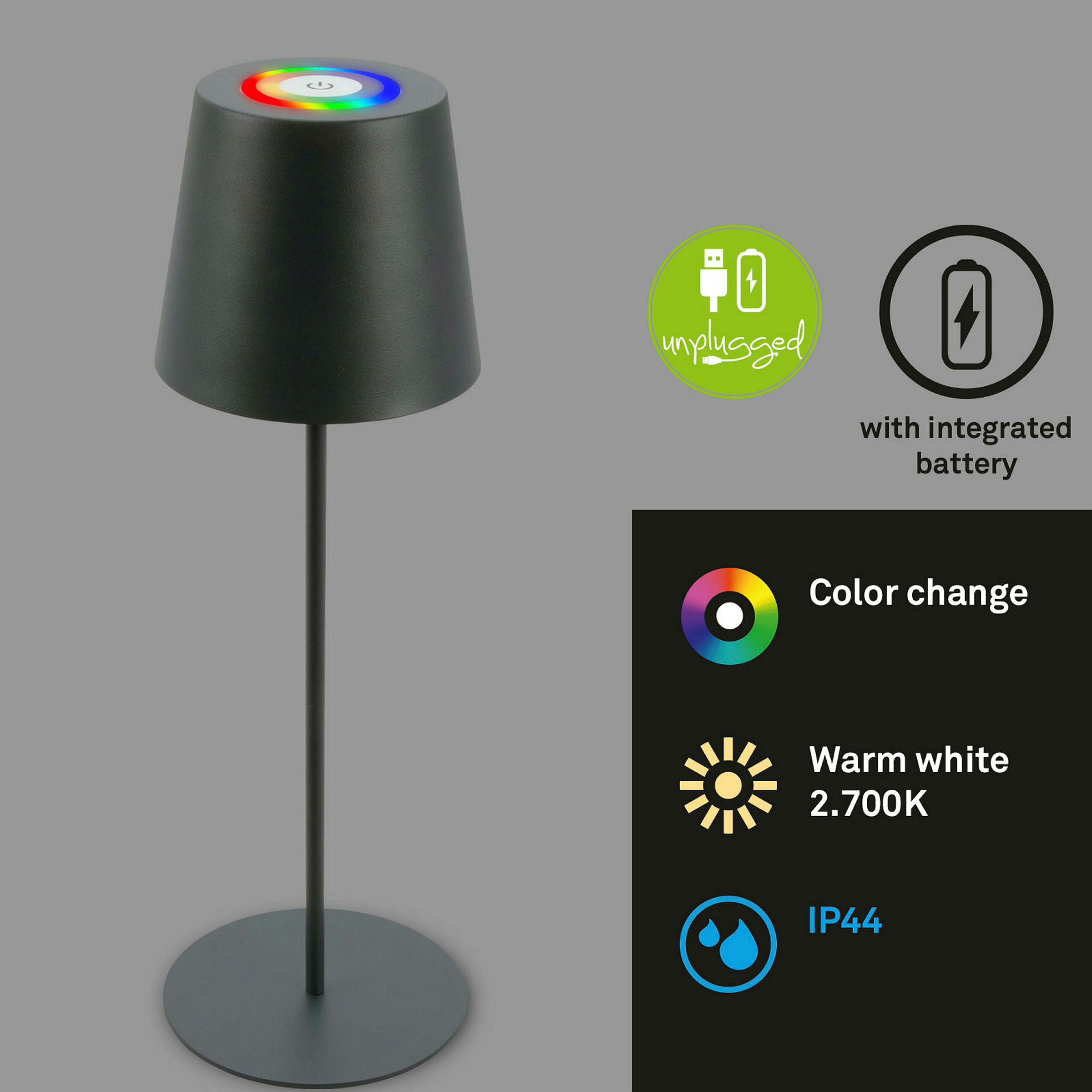 RGB/W Akku Tischleuchte, IP44, 2,5W, Anthrazit