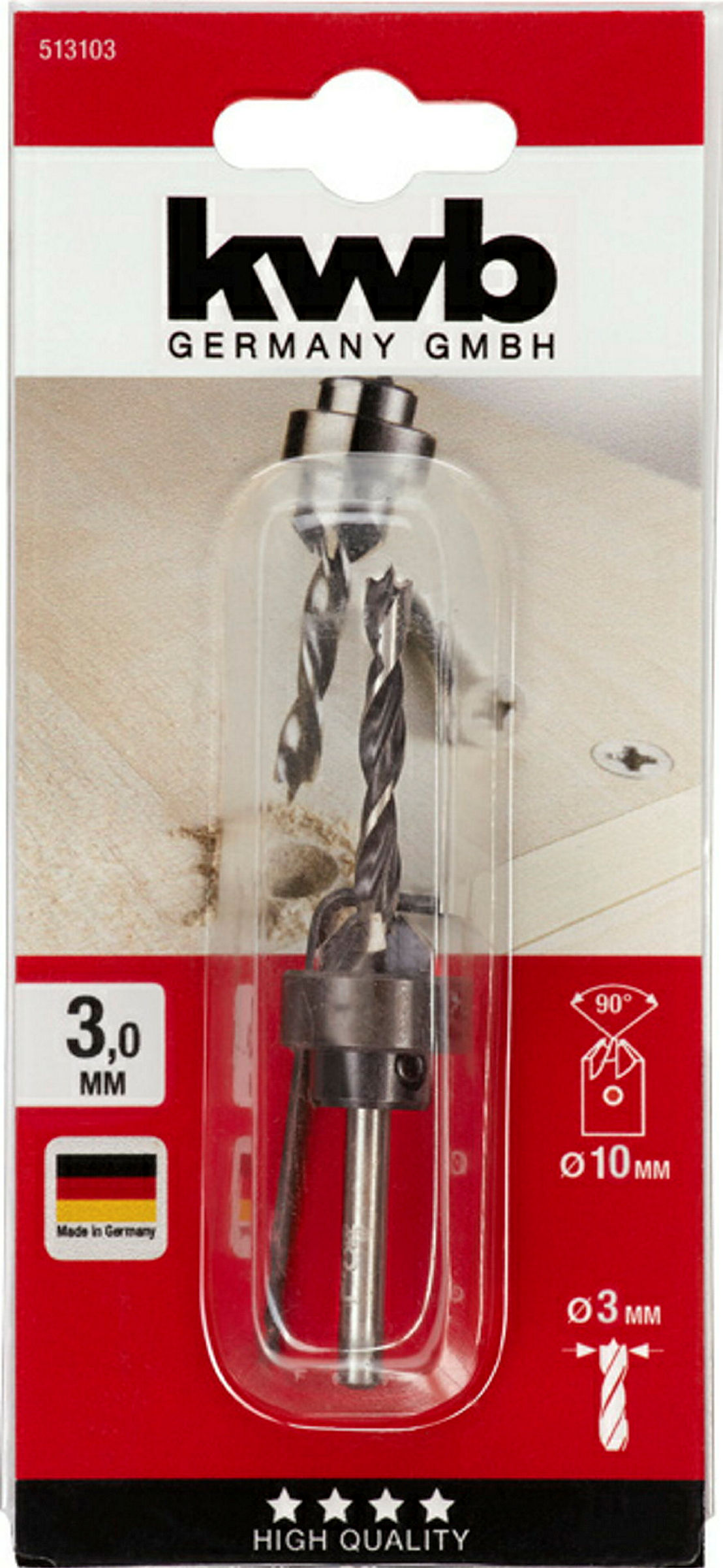 Holzspiralbohrer-Set mit Aufstecksenker und Tiefenstop, 3-tlg., ø 3 mm