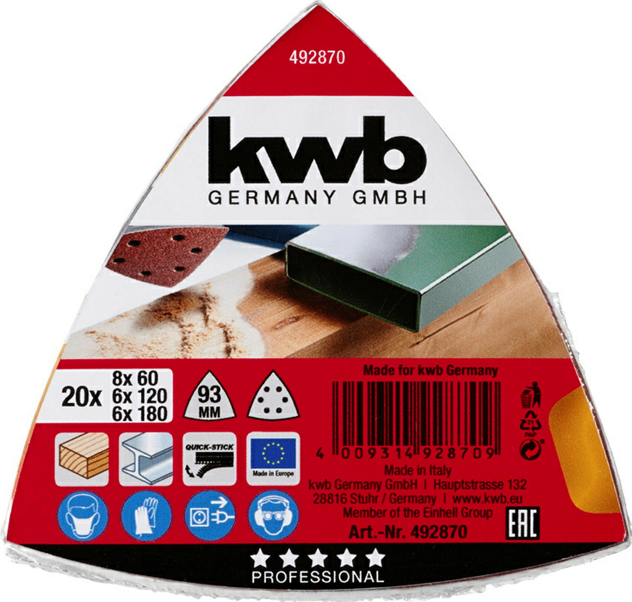 Haft-Schleifdreiecke, HOLZ & METALL, 93 mm, K 60 / K 120 / K 180