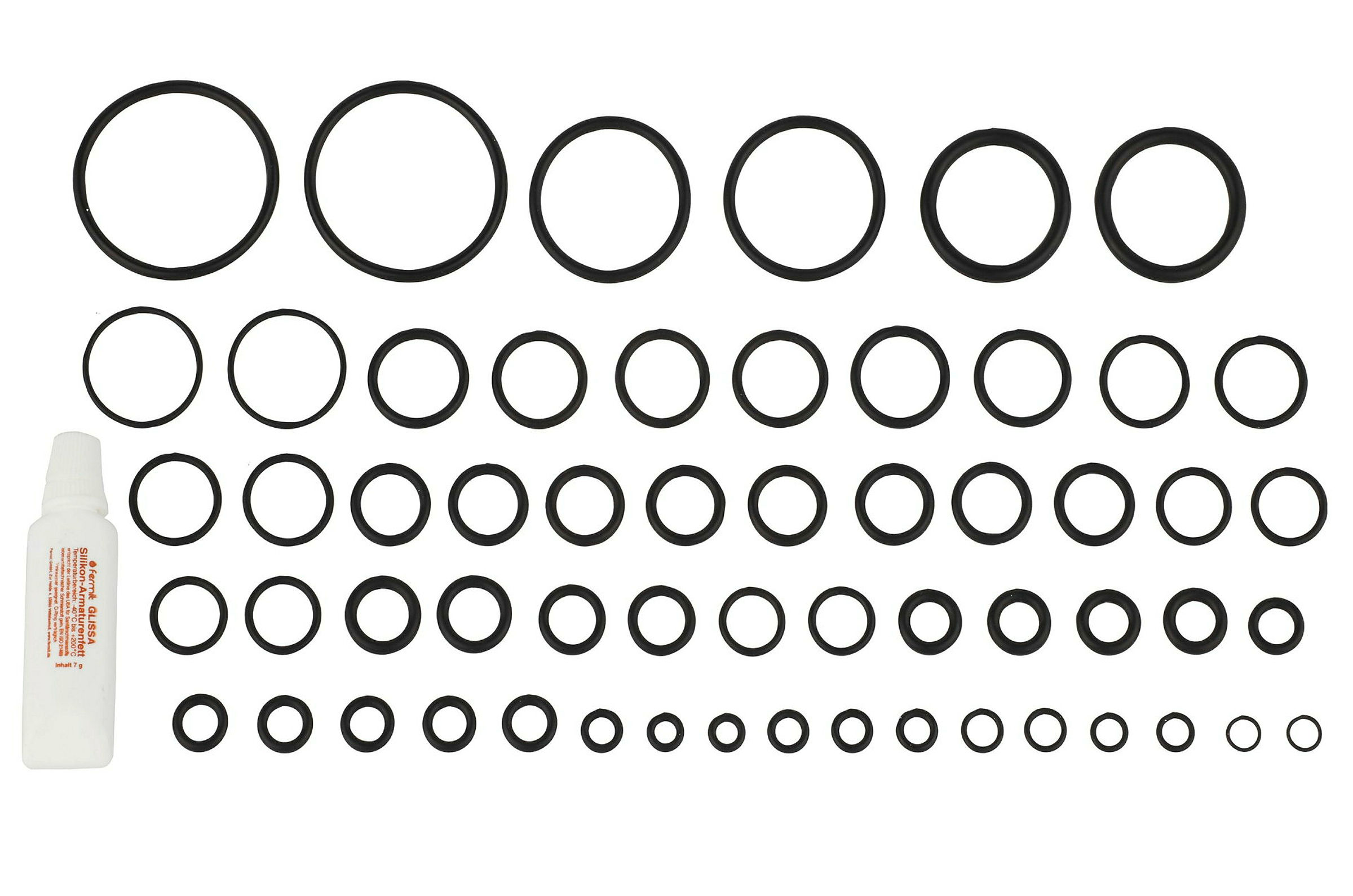O-Ring-Sortiment, Gummi, diverse Größen, mit Hahnfett 7 g (58x)