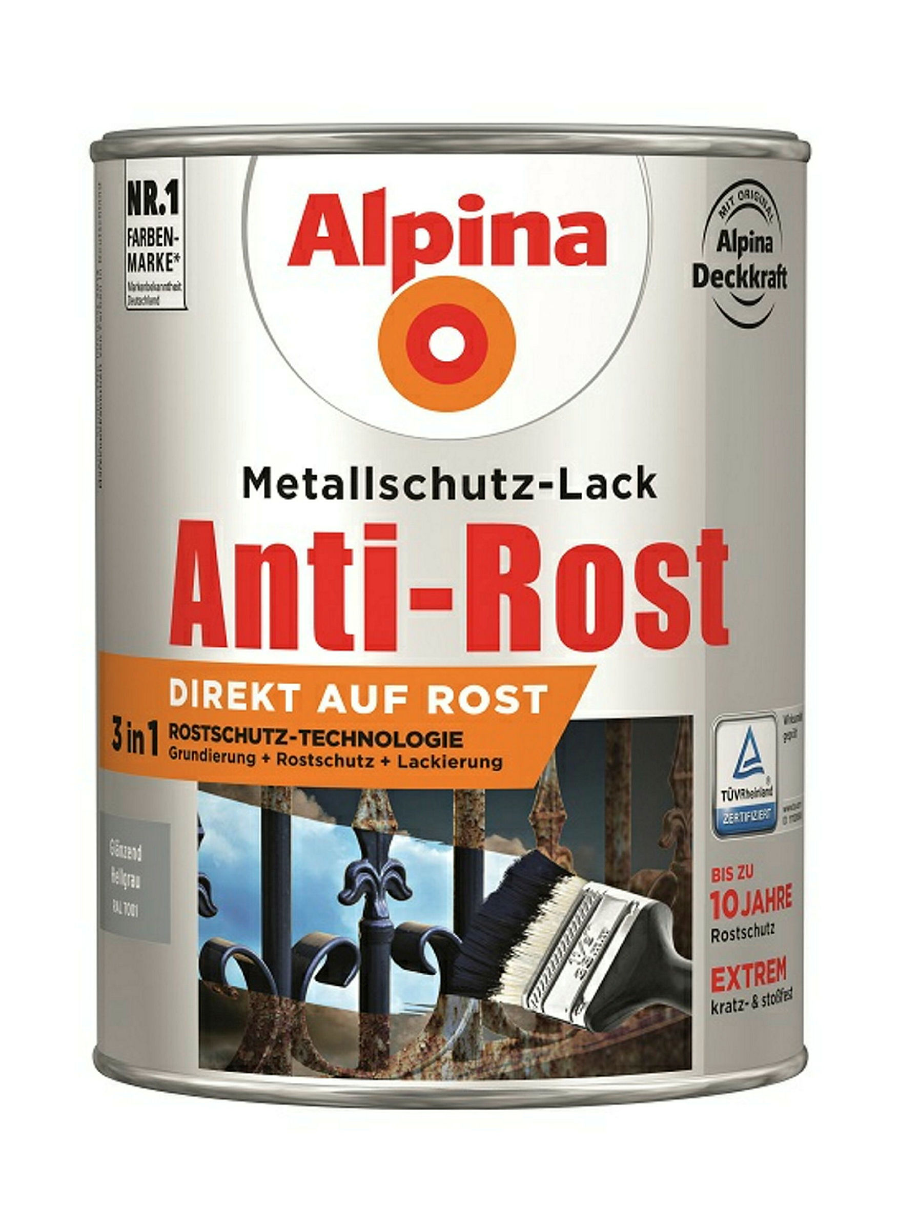 Alpina Metallschutzlack Anti-Rost Hellgrau 2,5 Liter glänzend