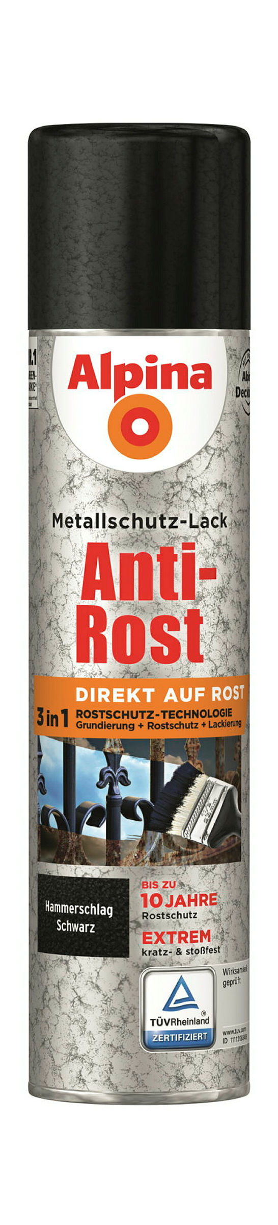 Alpina Metallschutzlack Anti-Rost Hammerschlag Schwarz 400ml Sprühdose matt