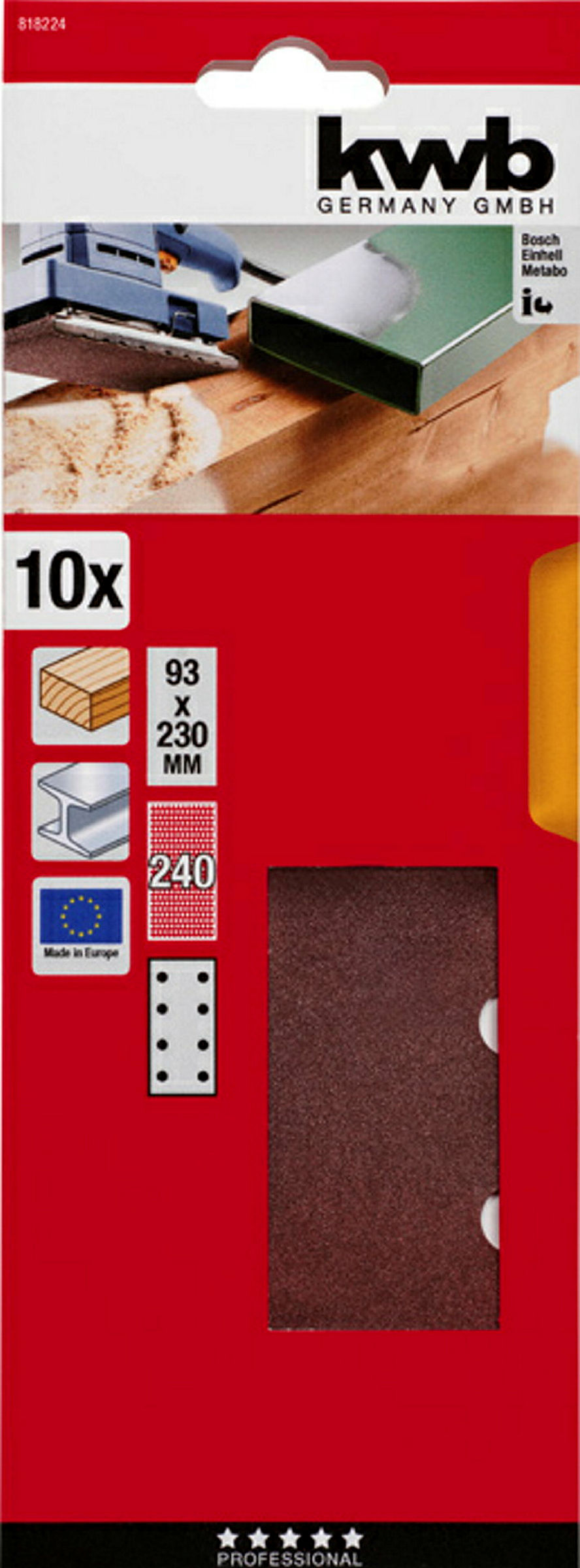 Schleifstreifen, HOLZ & METALL, Korund, 93 x 230 mm, gelocht, TYP B, K 240