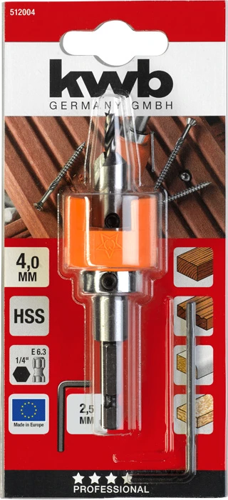 HSS-M2 Hartholzbohrer mit verstellbarem Tiefenstopp und Senker, ø 4.0 mm
