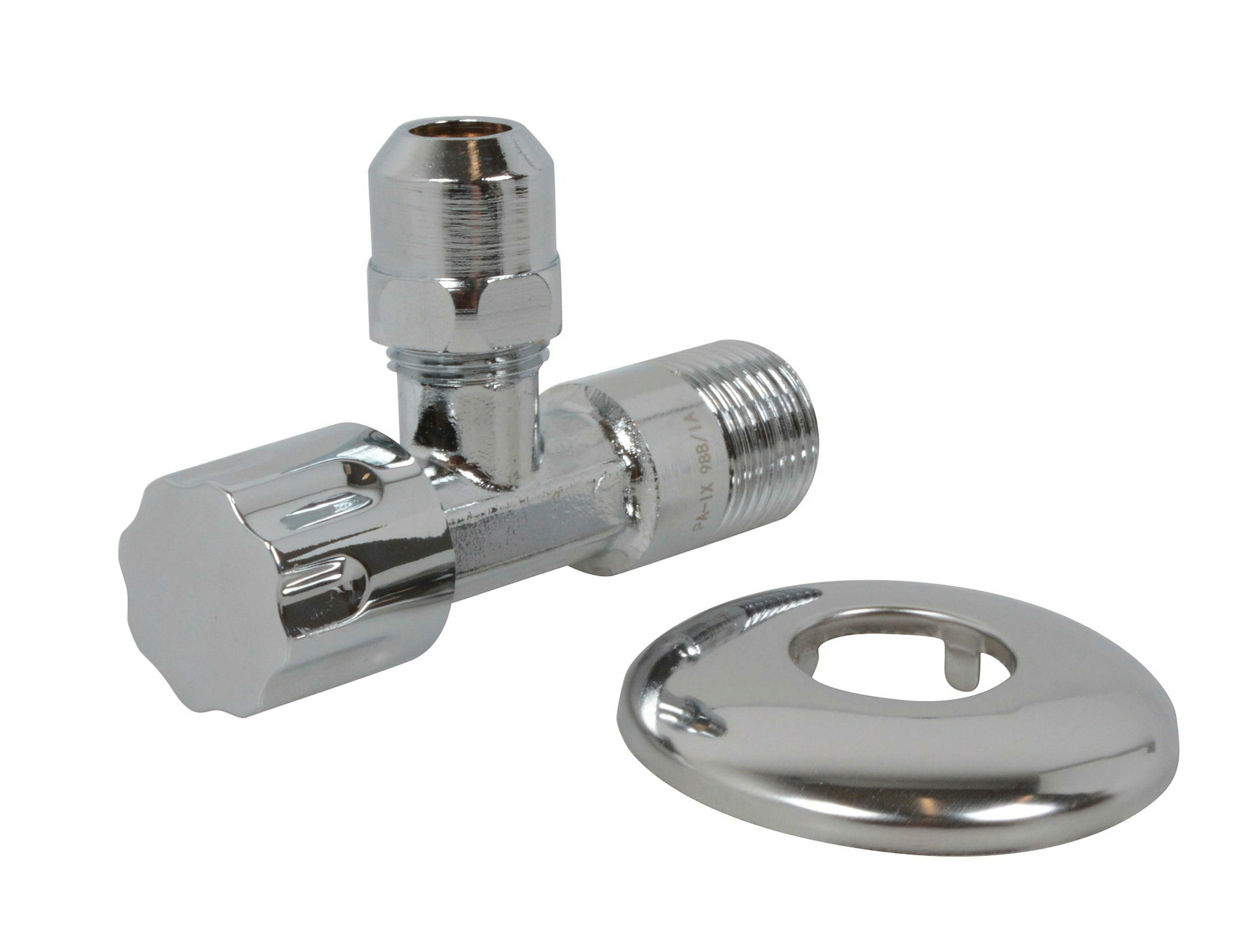 Eckventil, Chrom, 3/8''AG x 3/8''AG x 10 mmQ, mit Schubrosette