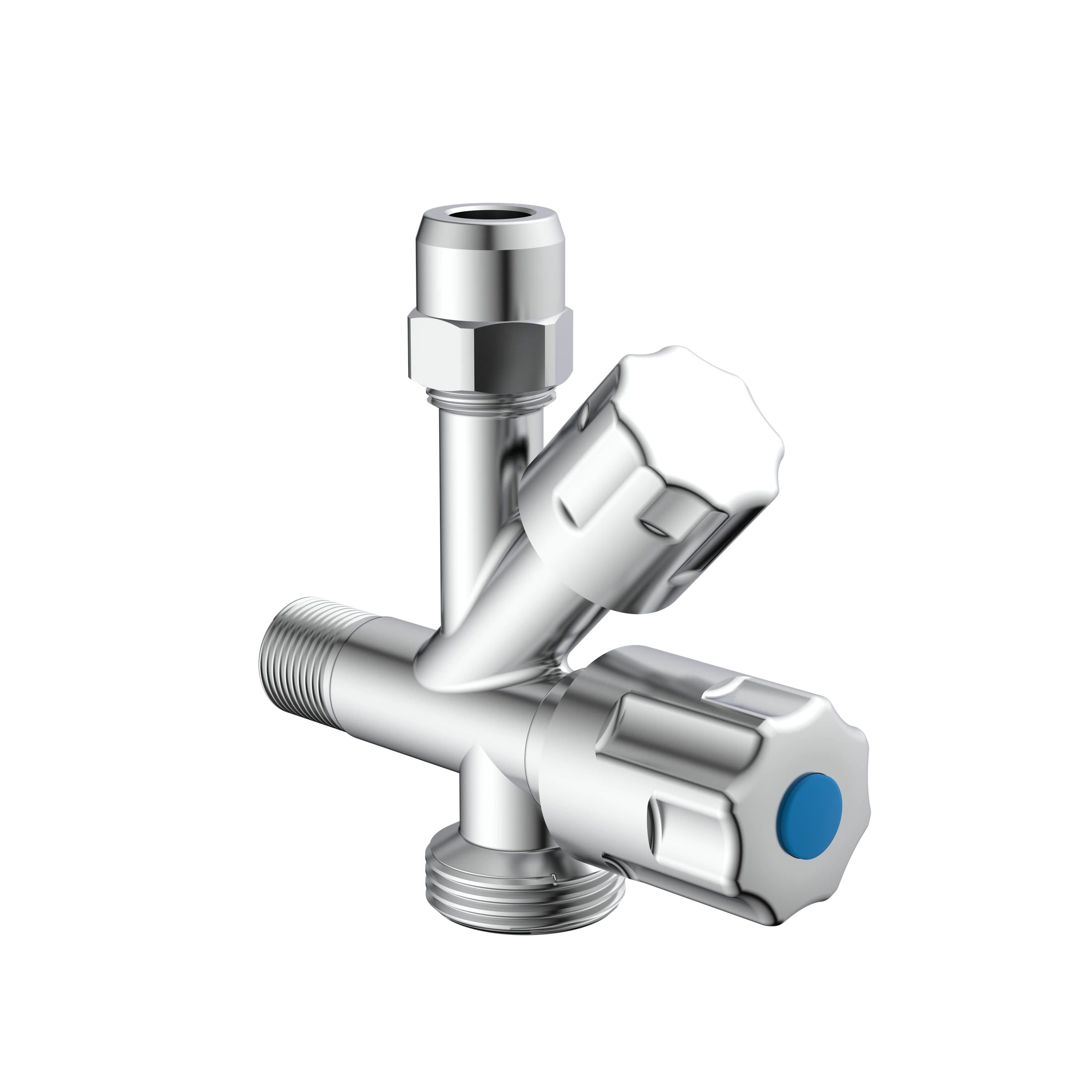 GA-Eckventil, Chrom, 3/8''AG x 3/4''AG x 3/8''AG x 10 mmQ, mit Rückflussver