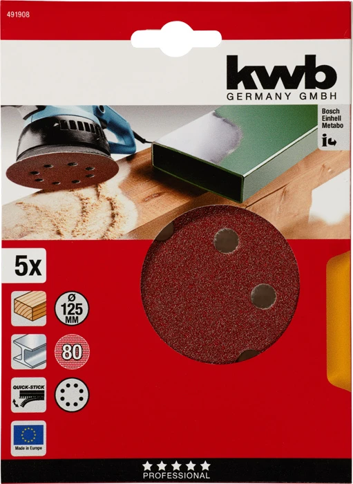 Haft-Schleifscheiben, HOLZ & METALL, Edelkorund, Ø 125 mm, gelocht, K 80