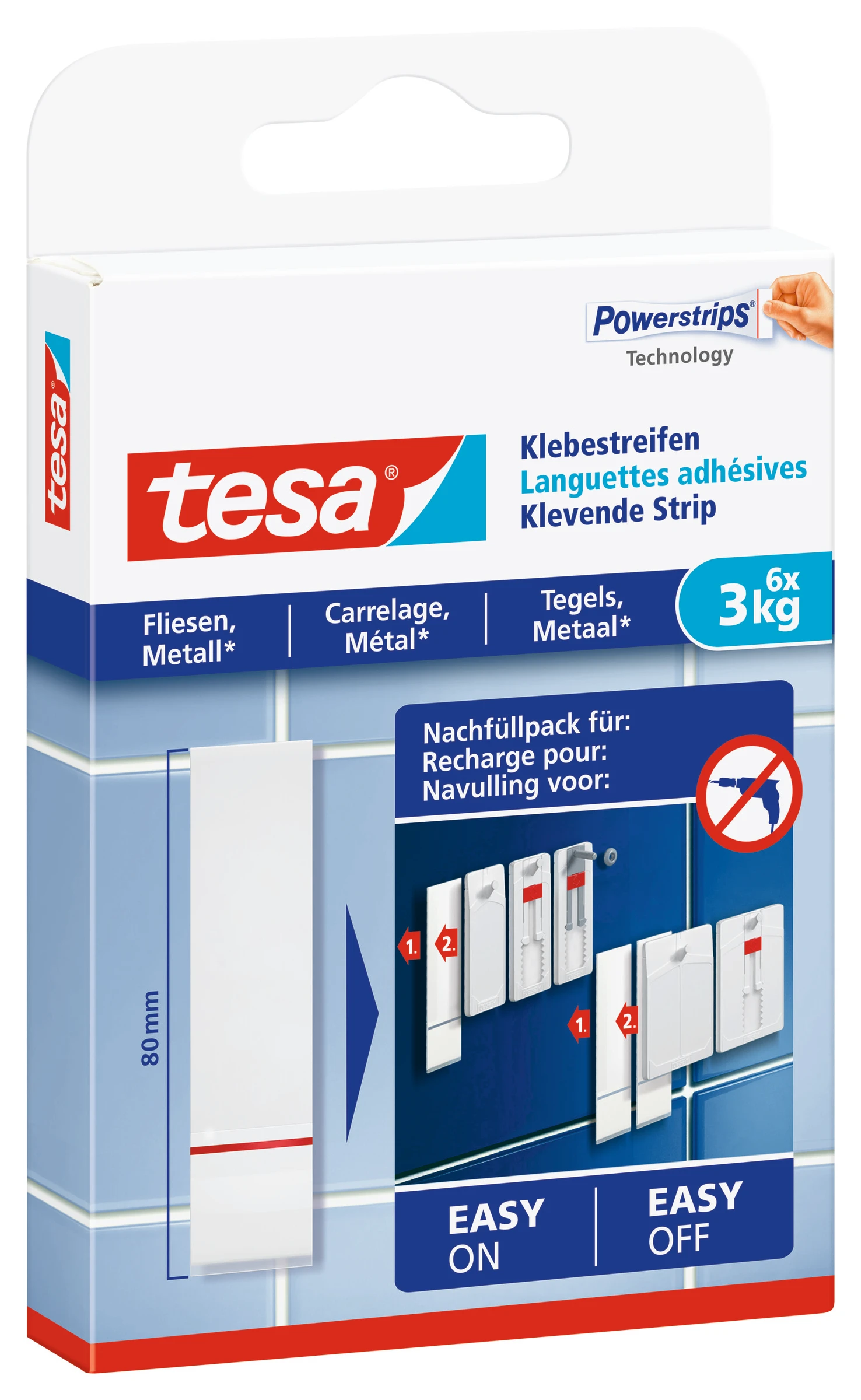 Klebestreifen für Fliesen und Metall (3kg), Packung mit 6 Strips