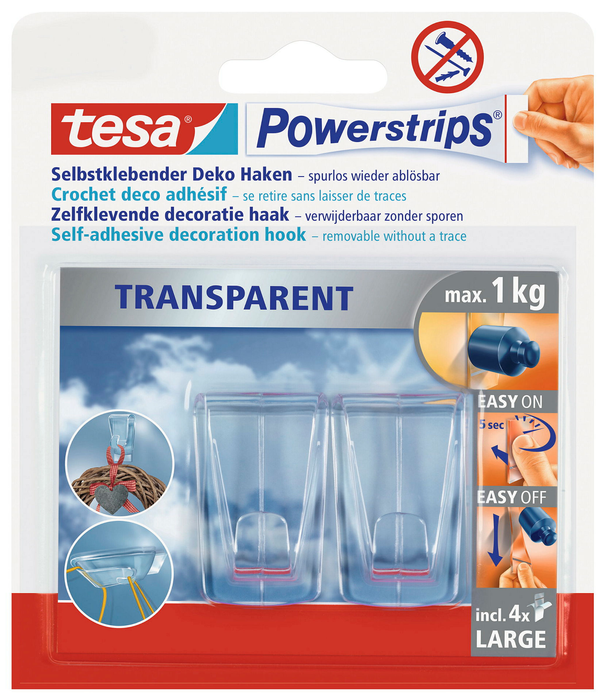 tesa® Powerstrips Deco-Haken, transparent, für max. 1kg, mit 2 Haken