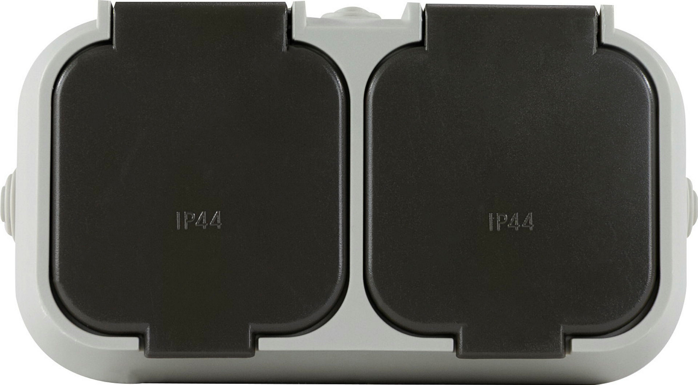 AP-Schalterprogramm IP44 Standard grau Steckdose 2-fach waagerecht