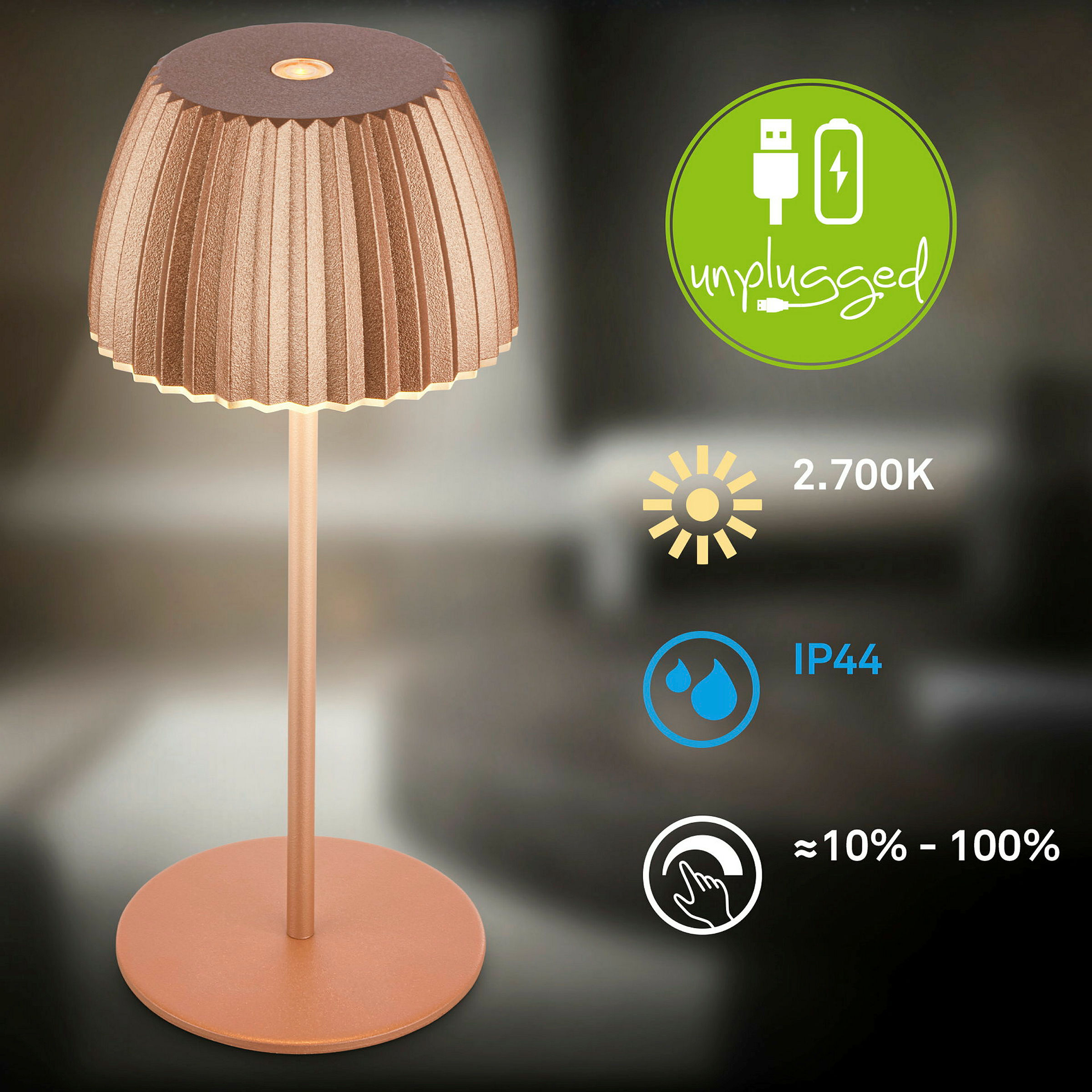 Brilo unplugged RIFFLE Akku Mini Tischleuchte mit Lichtkante - Kupfer
