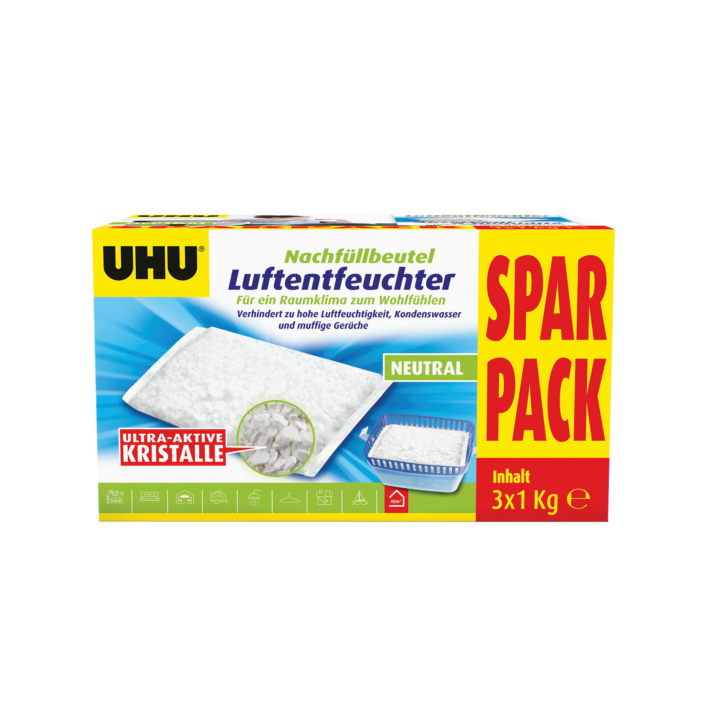 UHU Luftentfeuchter Original, Nachfüllbeutel 3 x 1kg Sparpack!