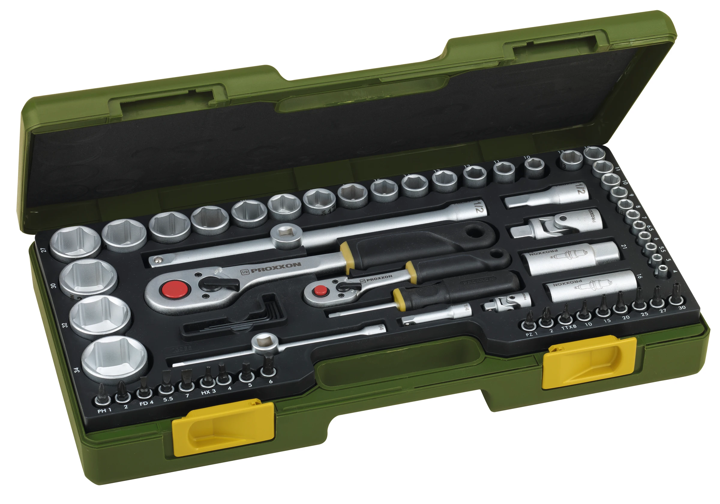 PROXXON-Steckschlüsselsatz mit Knüppelratschen, 1/4'' und 1/2'' (65-teilig)