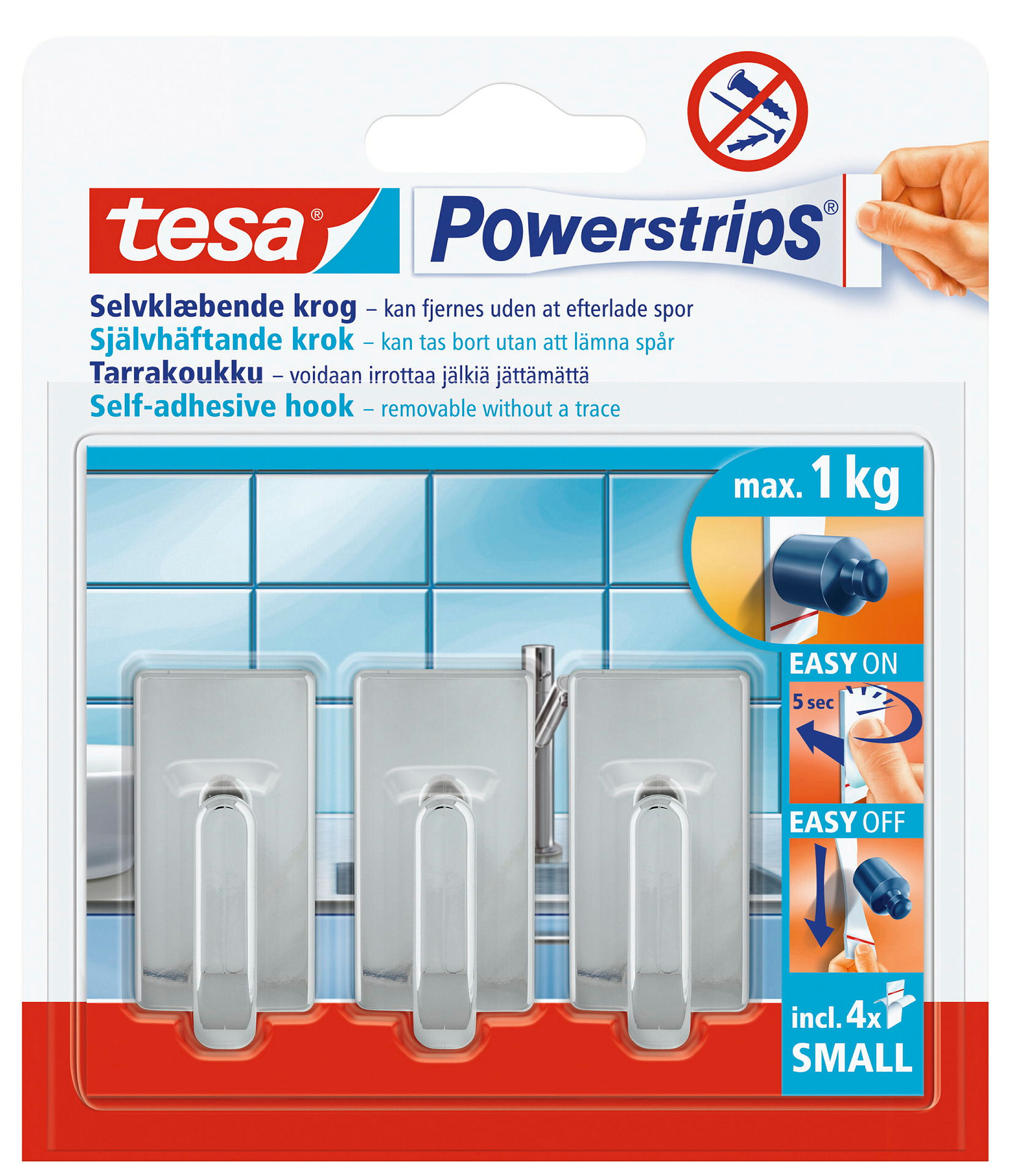 tesa® selbstklebende Haken, bis 1kg, wieder ablösbar, eckig, chrom, 3 Stück