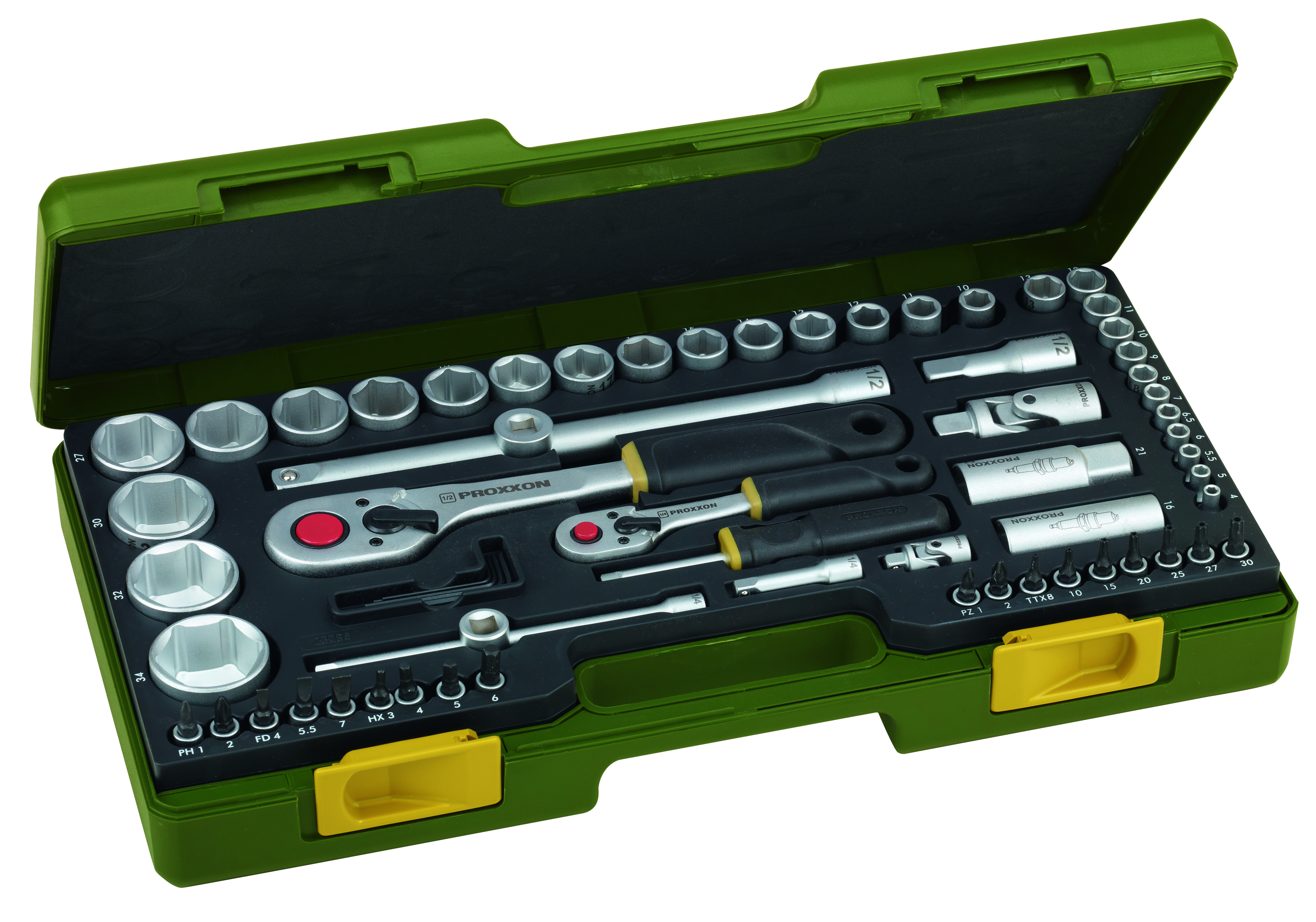 PROXXON-Steckschlüsselsatz mit Knüppelratschen, 1/4'' und 1/2'' (65-teilig)