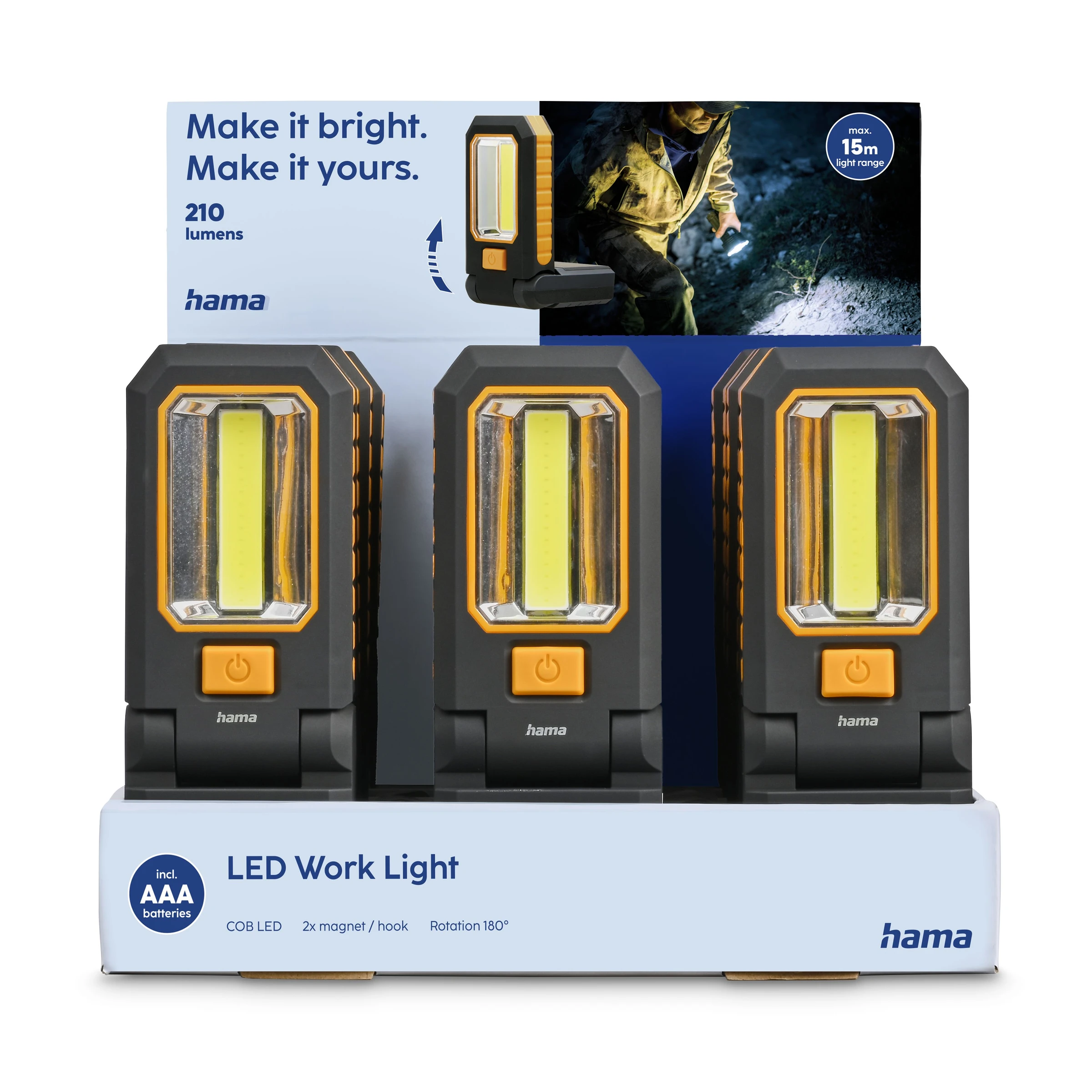 Hama LED-Arbeitsleuchte ''W210'', Batterien, Magnet, Haken, 15 St./Display