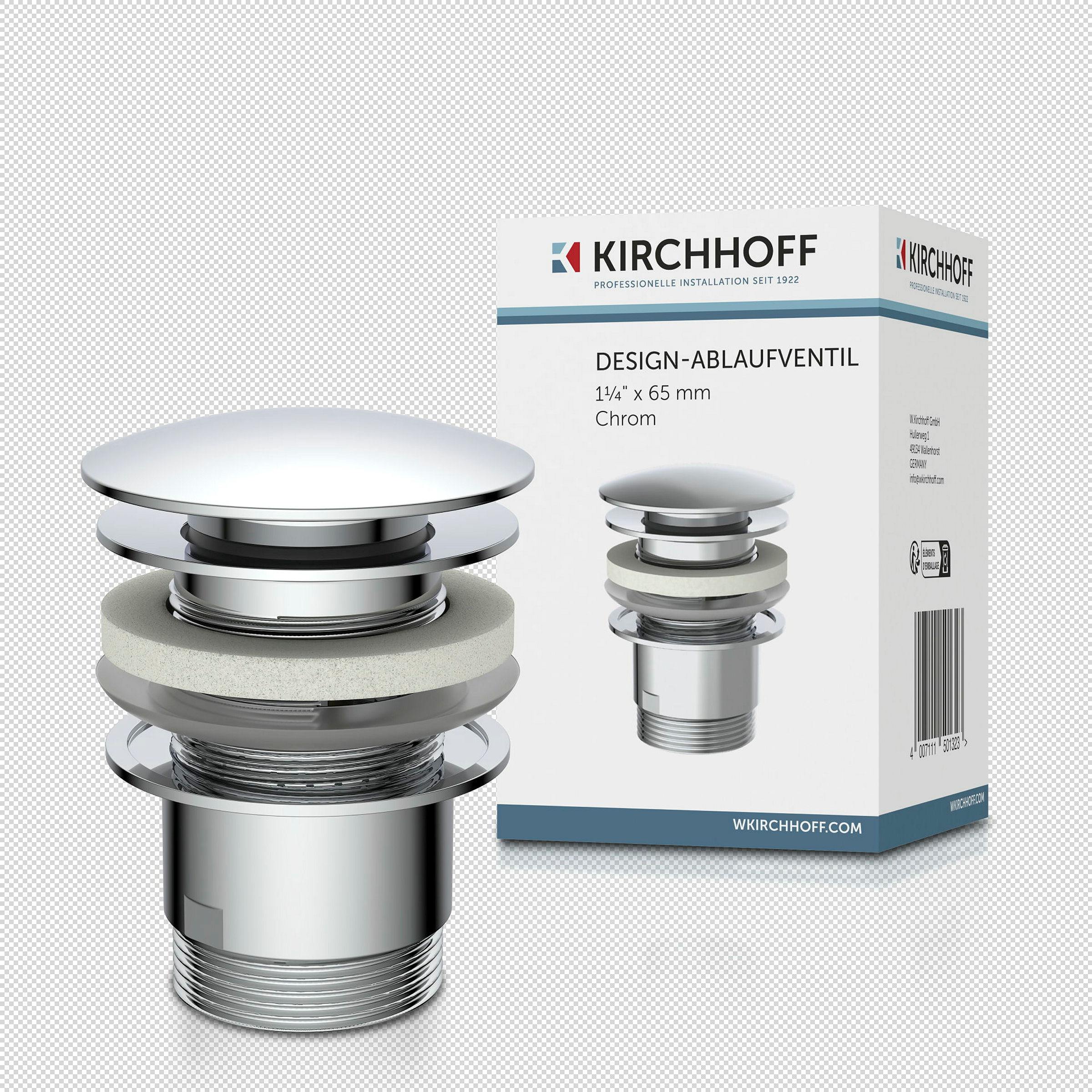 DAV-1WK Ablaufventil, Chrom, 1 1/4'' x 65 mm, mit Überlauf