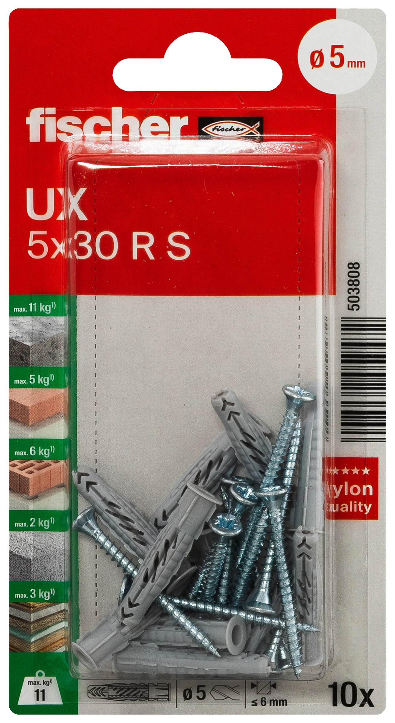 fischer Universaldübel UX 5 x 30 R S mit Rand und Schraube