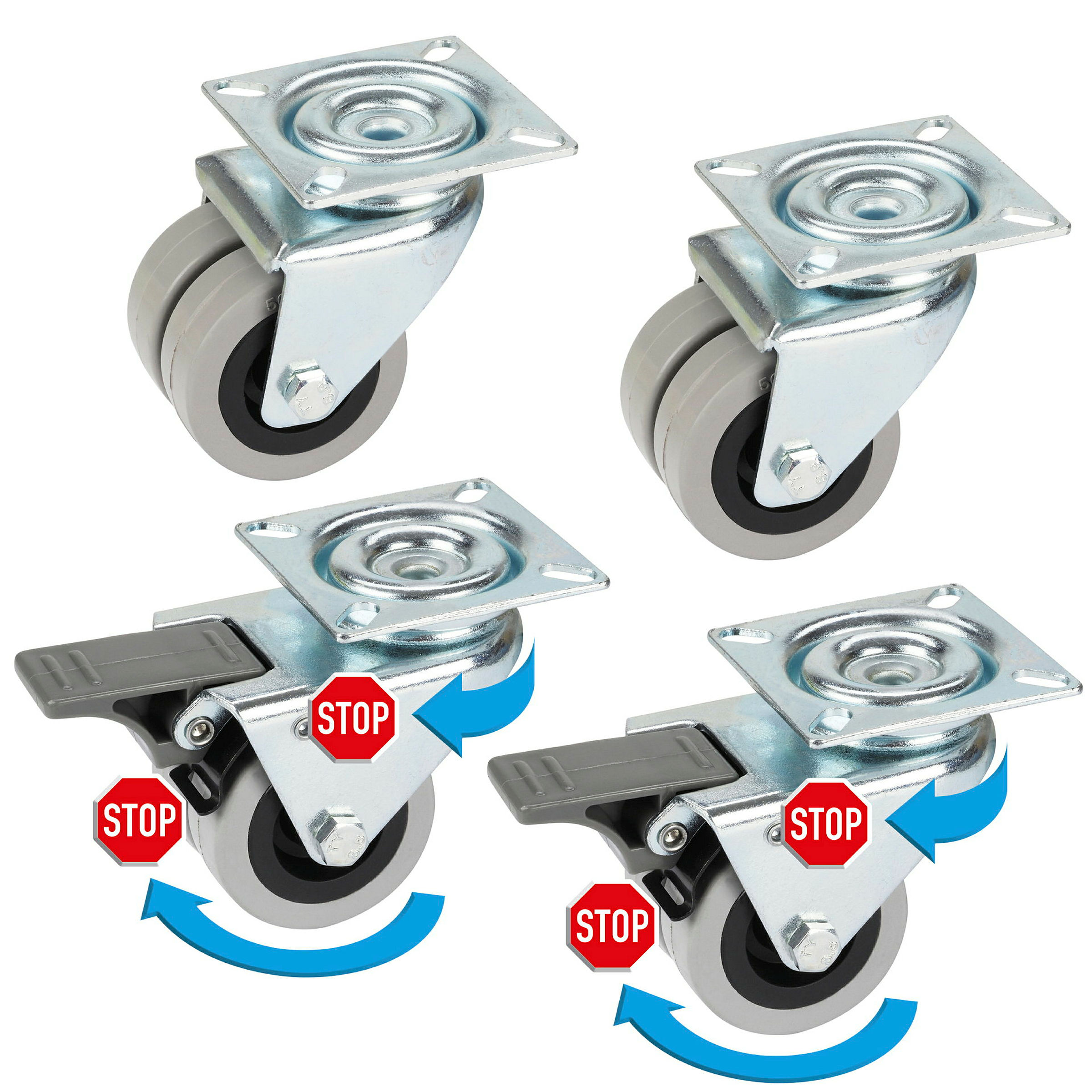 Set 4 x App.Doppel-Lenkrolle mit Gummi-Lauffläche, KS-Felge