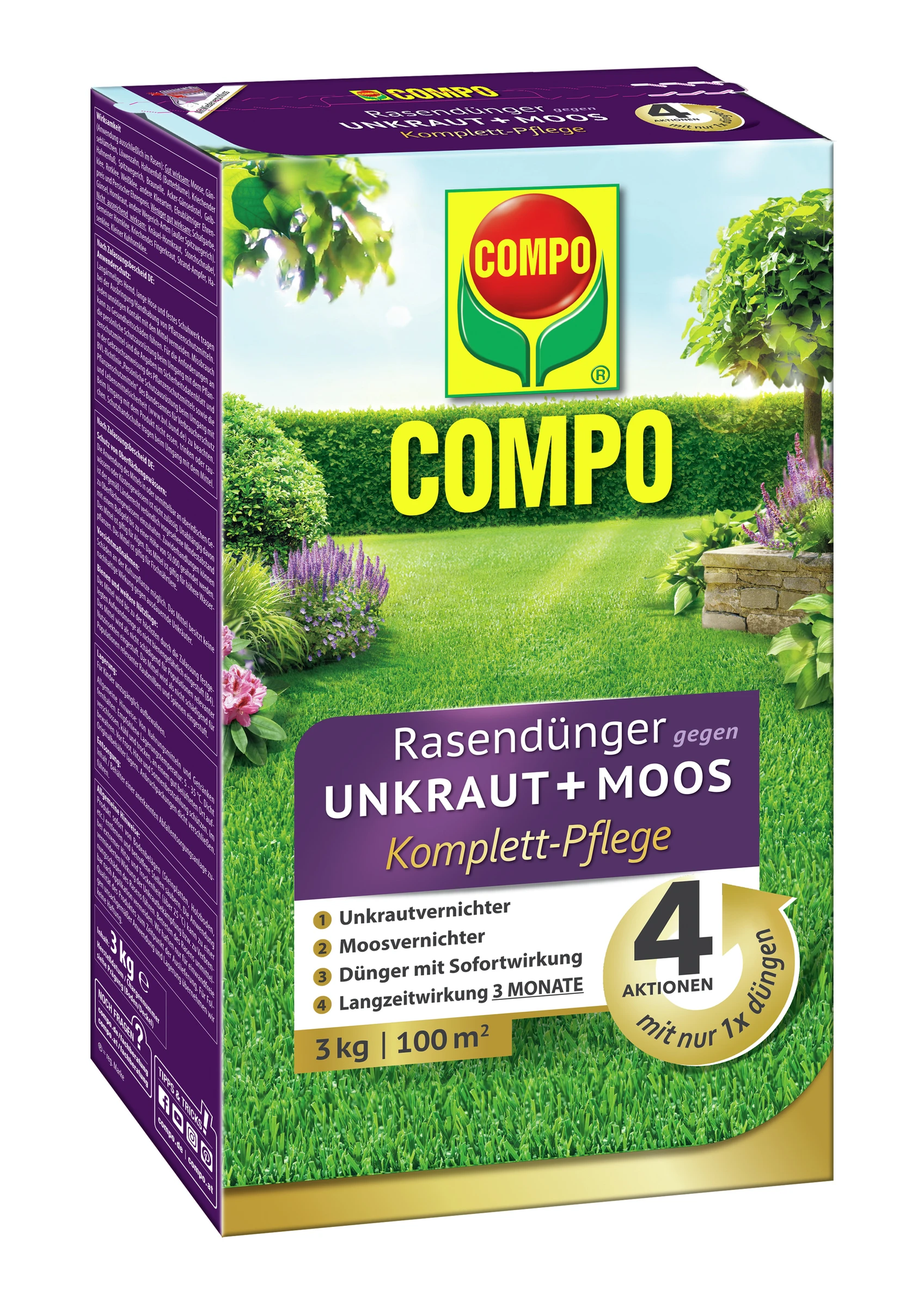 COMPO Rasendünger gegen Unkraut+Moos Komplett-Pflege 3 kg für 100 m2