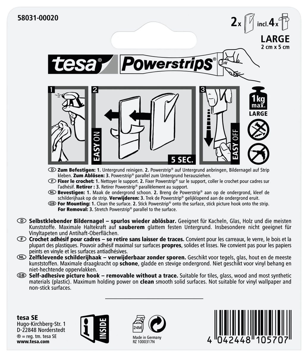 tesa® Powerstrips Bildernagel, selbstklebend, weiß, 2 Stück
