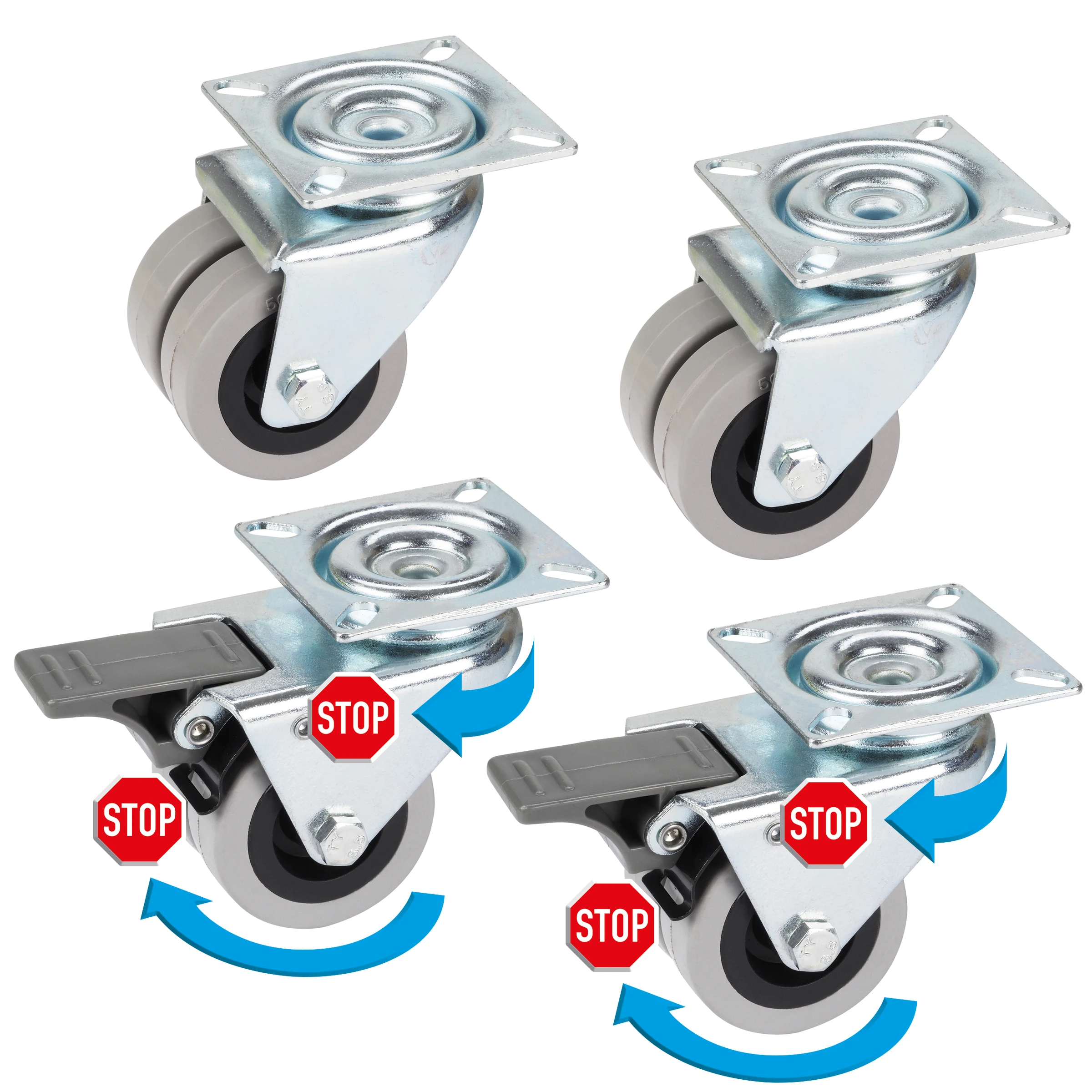 Set 4 x App.Doppel-Lenkrolle mit Gummi-Lauffläche, KS-Felge