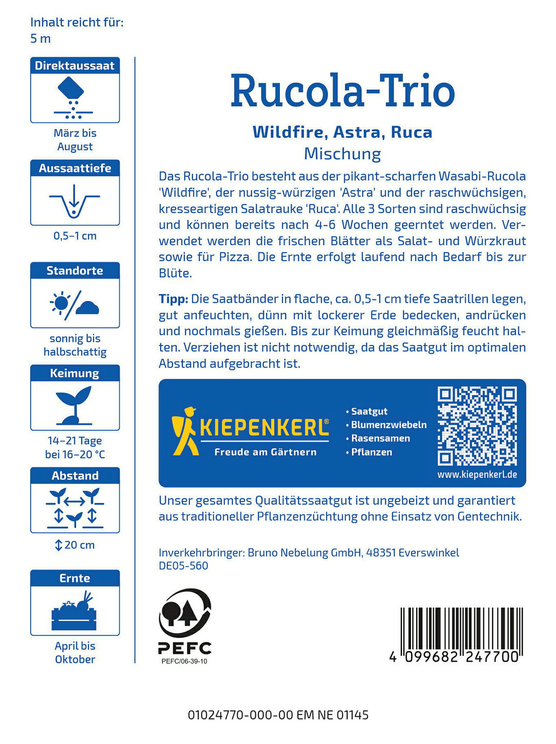 Kiepenkerl Rucola-Trio Wildfire, Astra, Salatrauke Ruca, Saatband