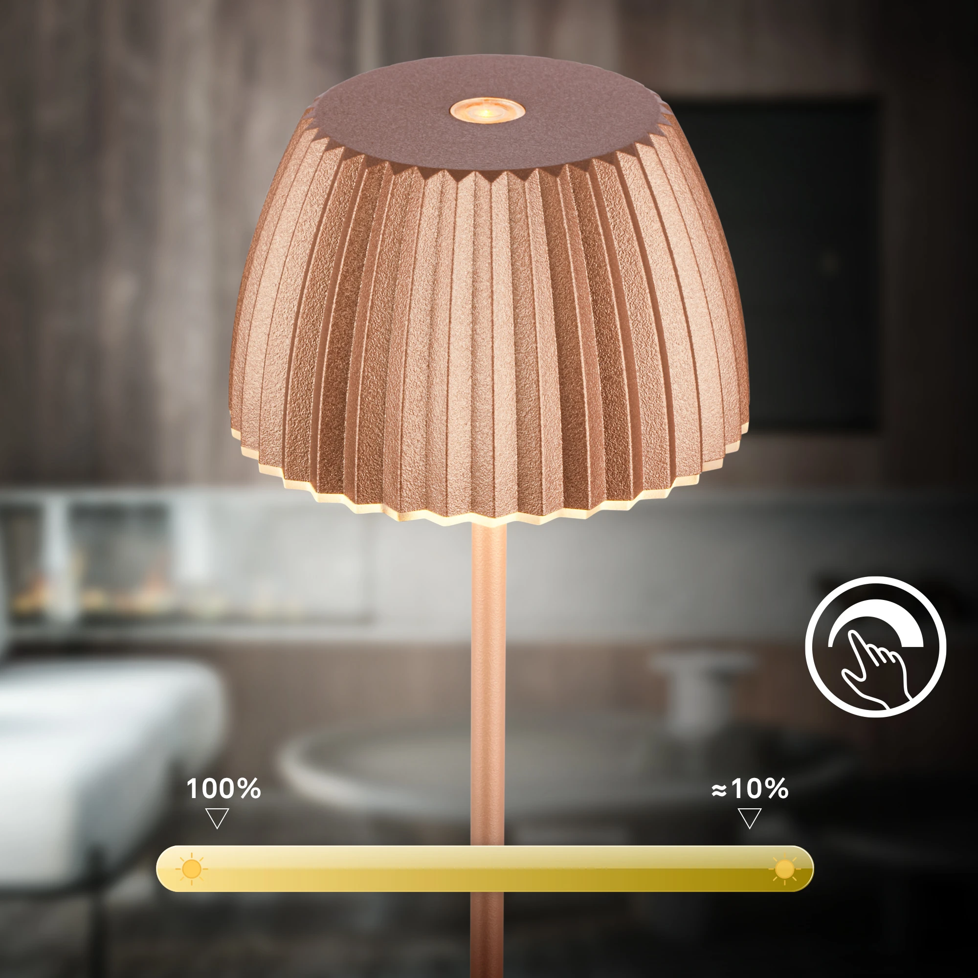 Brilo unplugged RIFFLE Akku Mini Tischleuchte mit Lichtkante - Kupfer