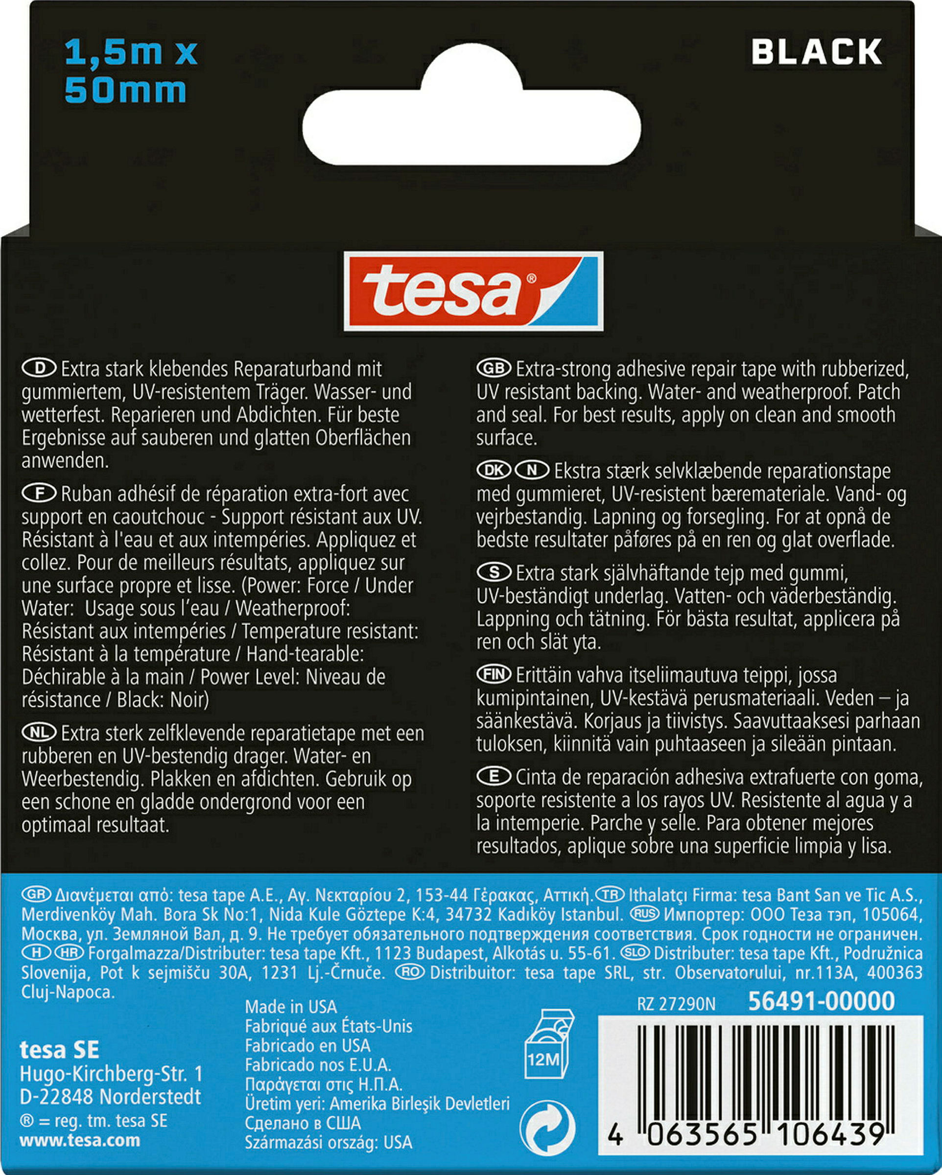 tesa® Ultra Power Unterwasser Reparaturband, 1,50 m x 50 mm, schwarz