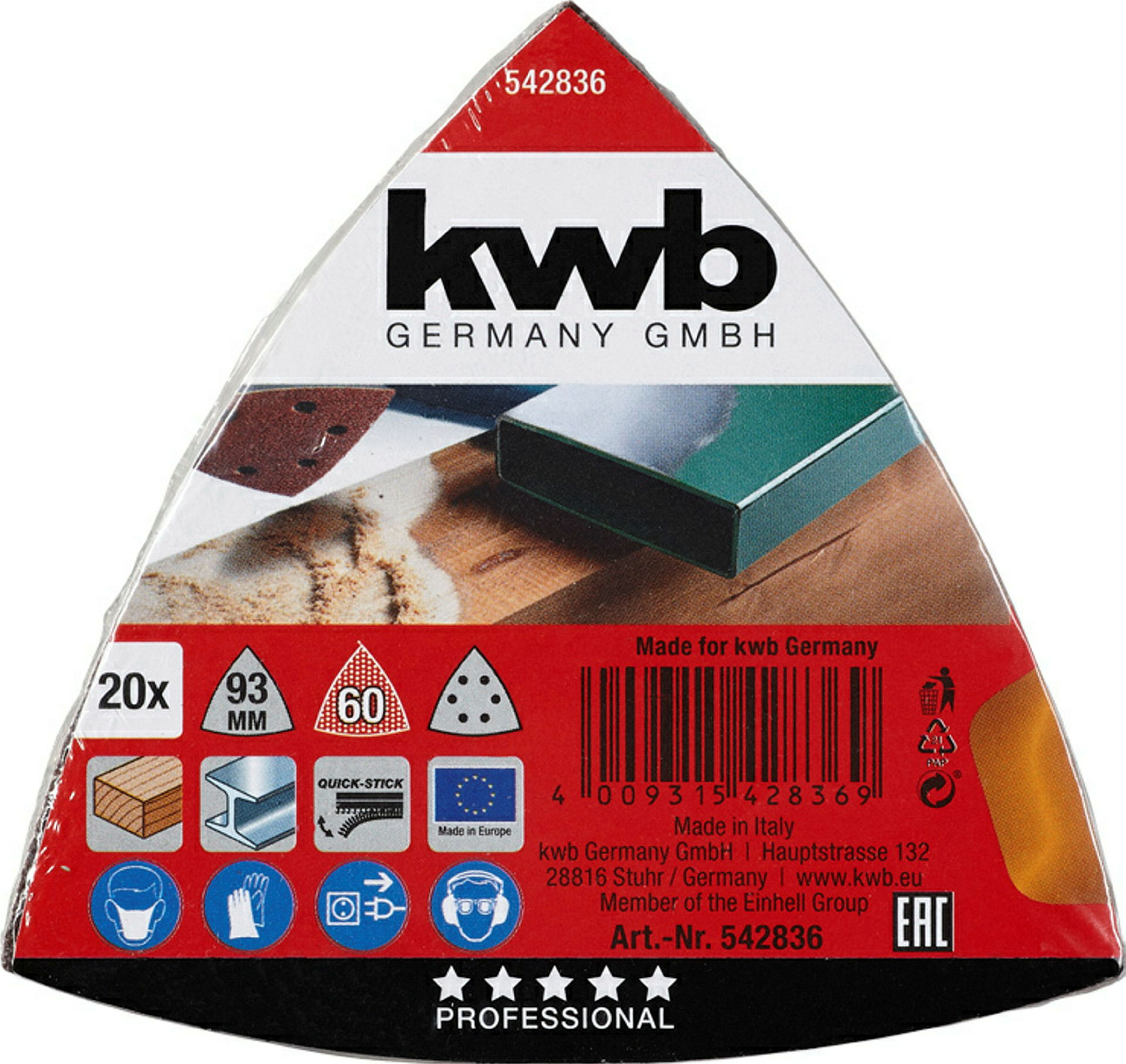 Haft-Schleifdreiecke, HOLZ & METALL, Edelkorund, 93 mm, K 60