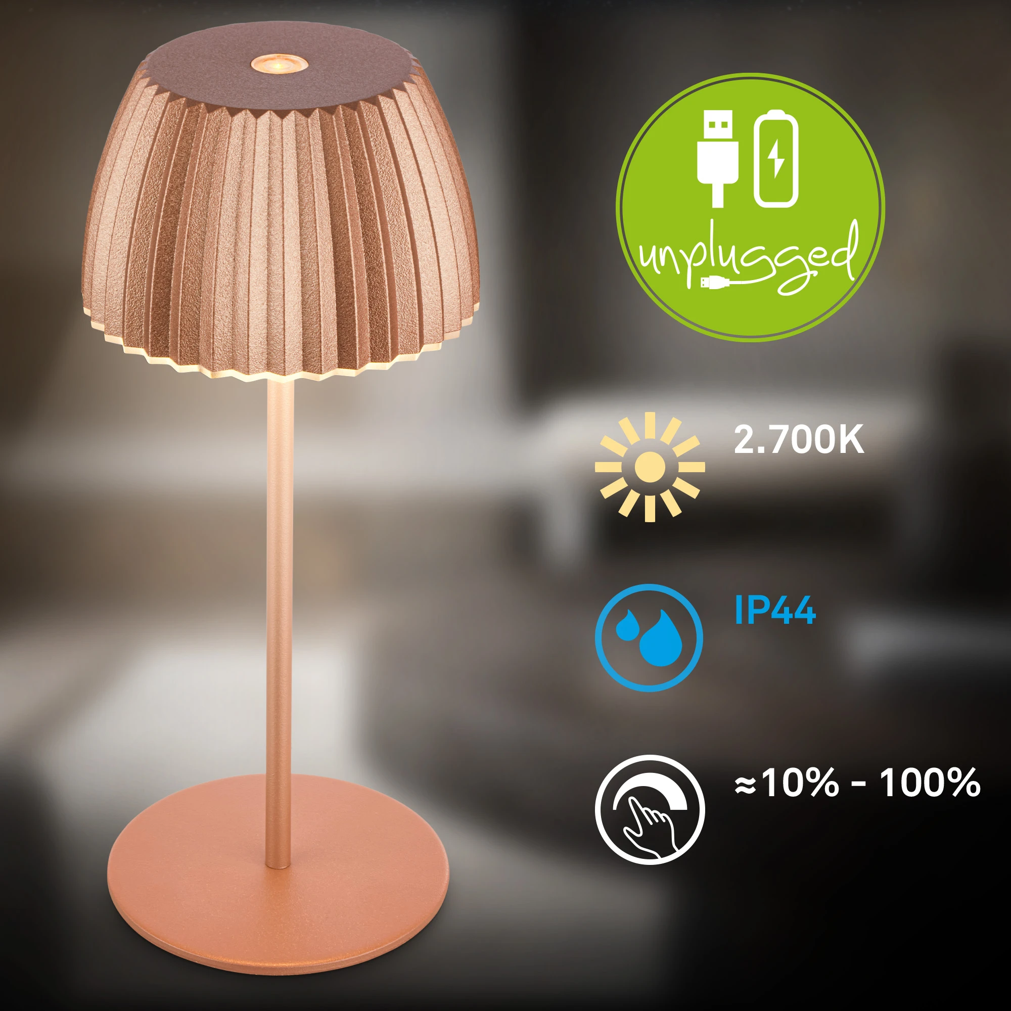 Brilo unplugged RIFFLE Akku Mini Tischleuchte mit Lichtkante - Kupfer