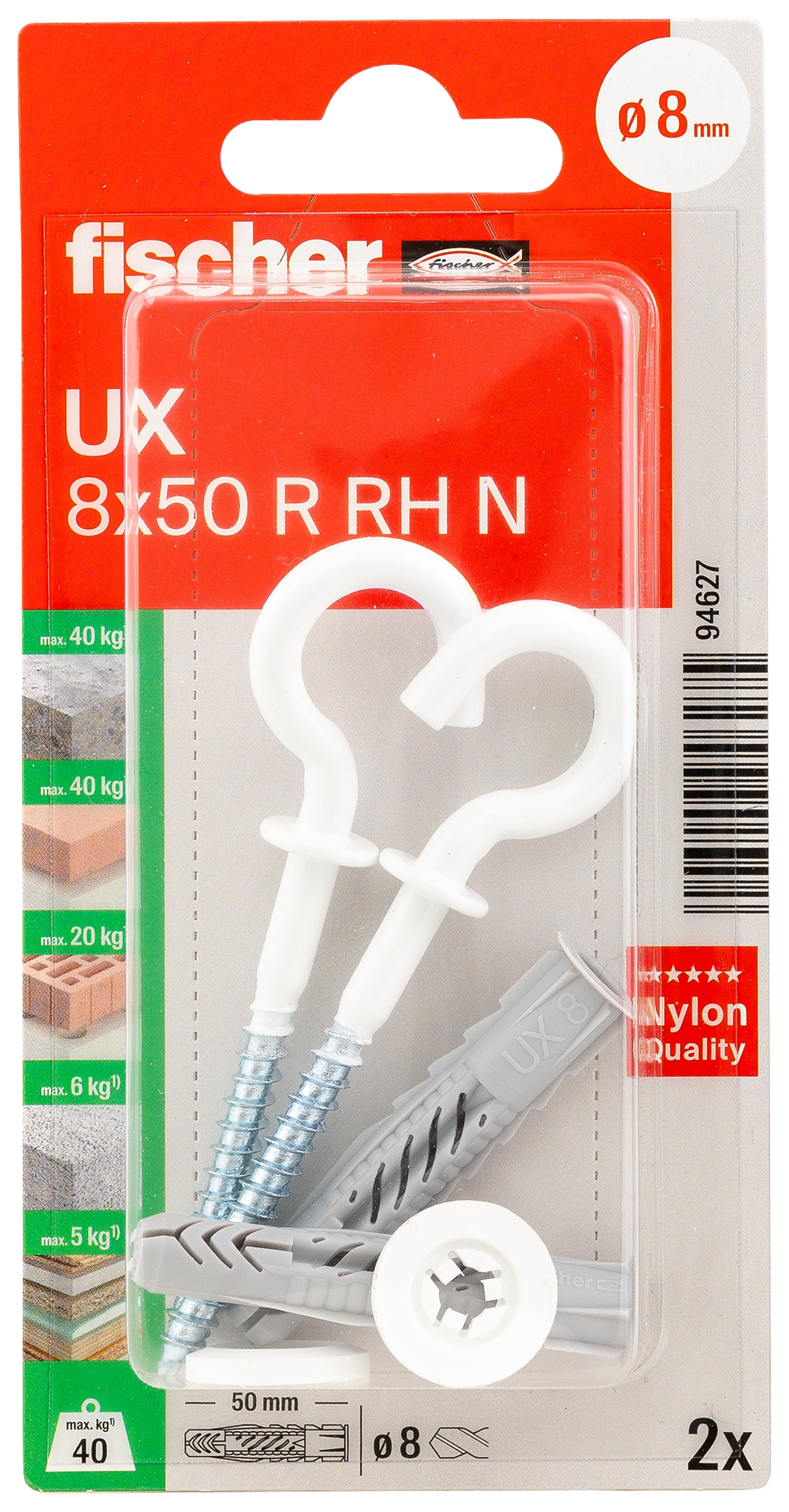 fischer Universaldübel UX 8 x 50 RH mit Rundhaken, nylonbeschichtet