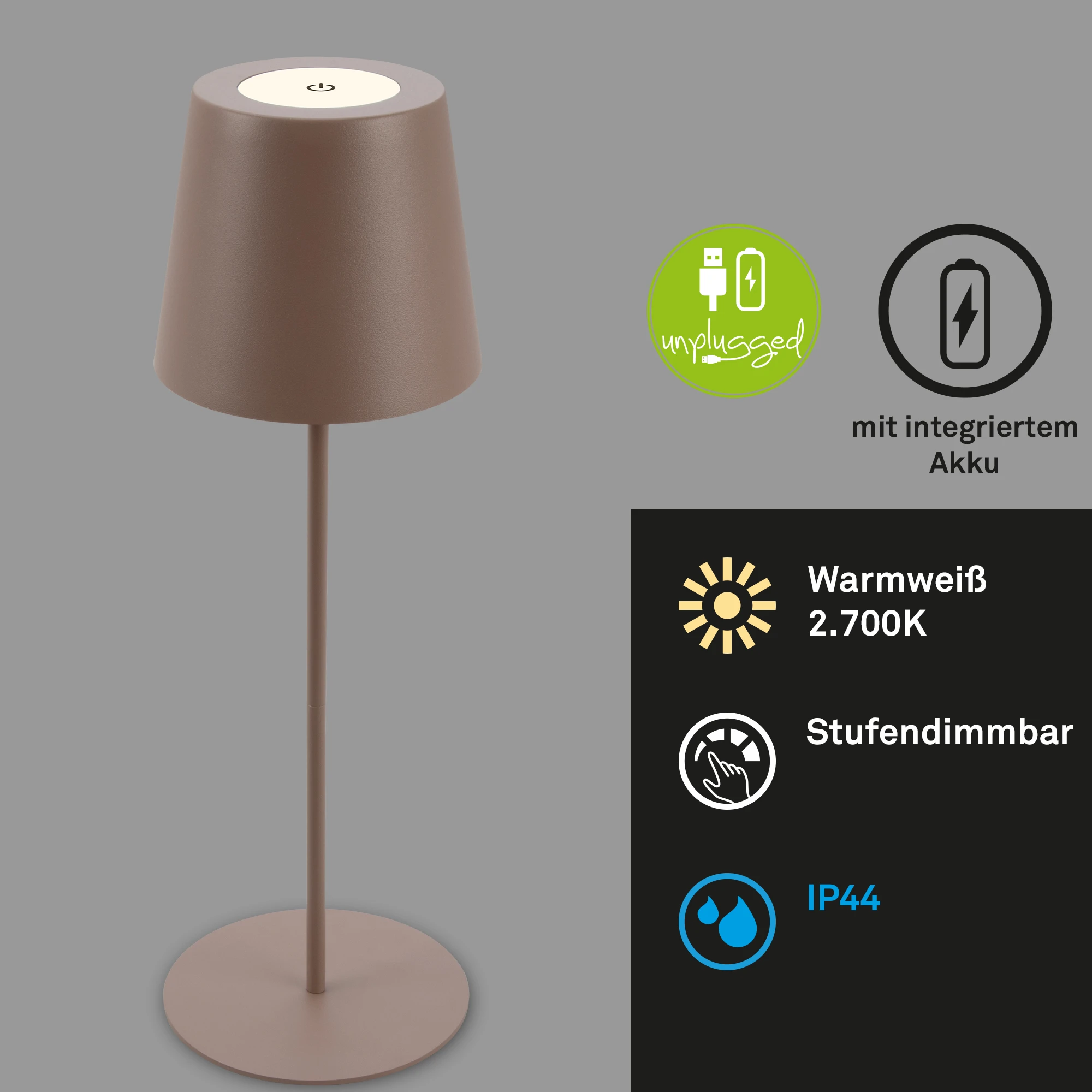 KIKI LED Akku Tischleuchte, IP44, 2,5W, Umbrasand