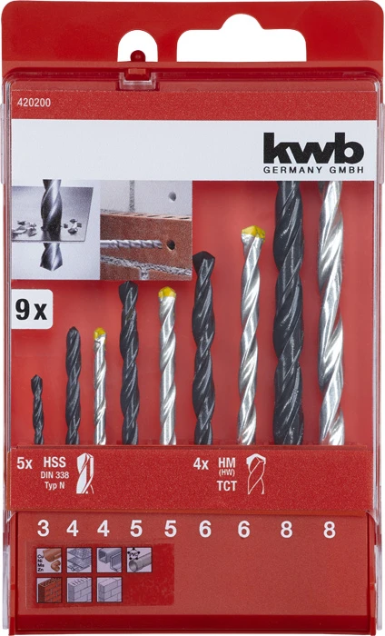 Kombi-Bohrersatz, 9-tlg., Metall- und Steinbohrer