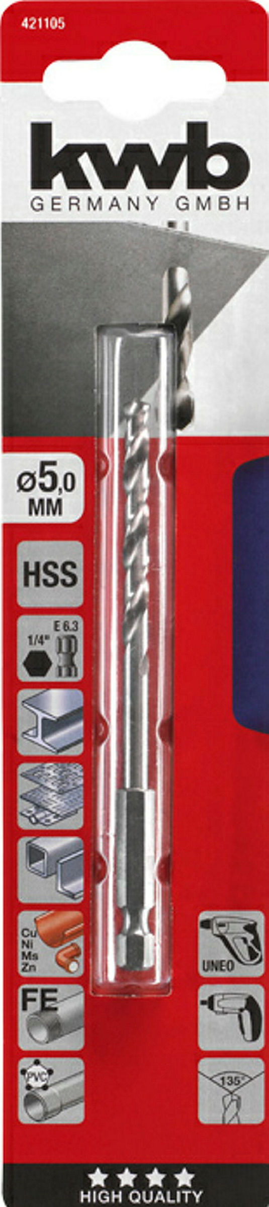 HSS Spiralbohrer mit Sechskantaufnahme 1/4'', ø 5.0 mm