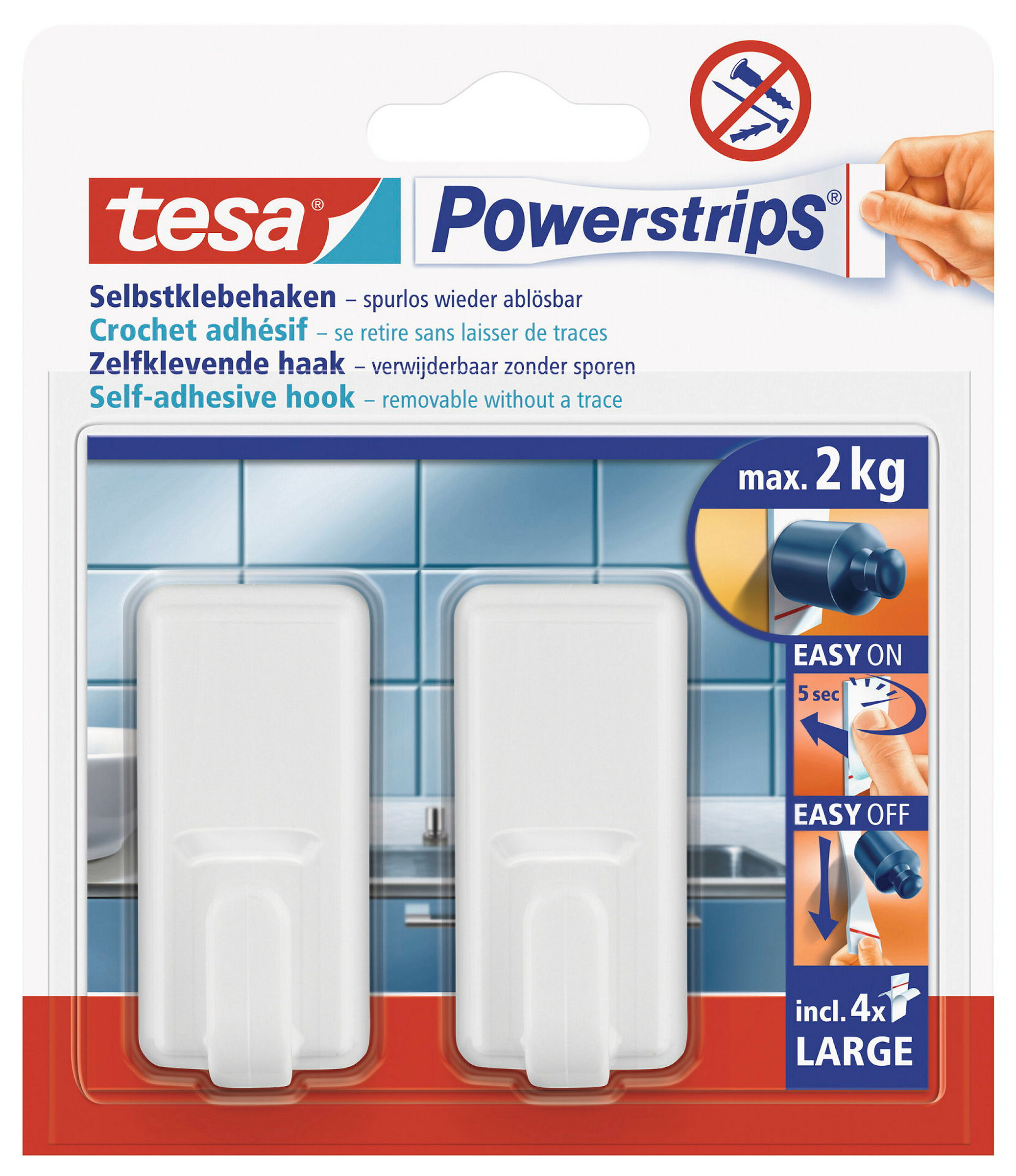 tesa® selbstklebender Haken, bis 2kg, wieder ablösbar, eckig, weiß, 2 Stück