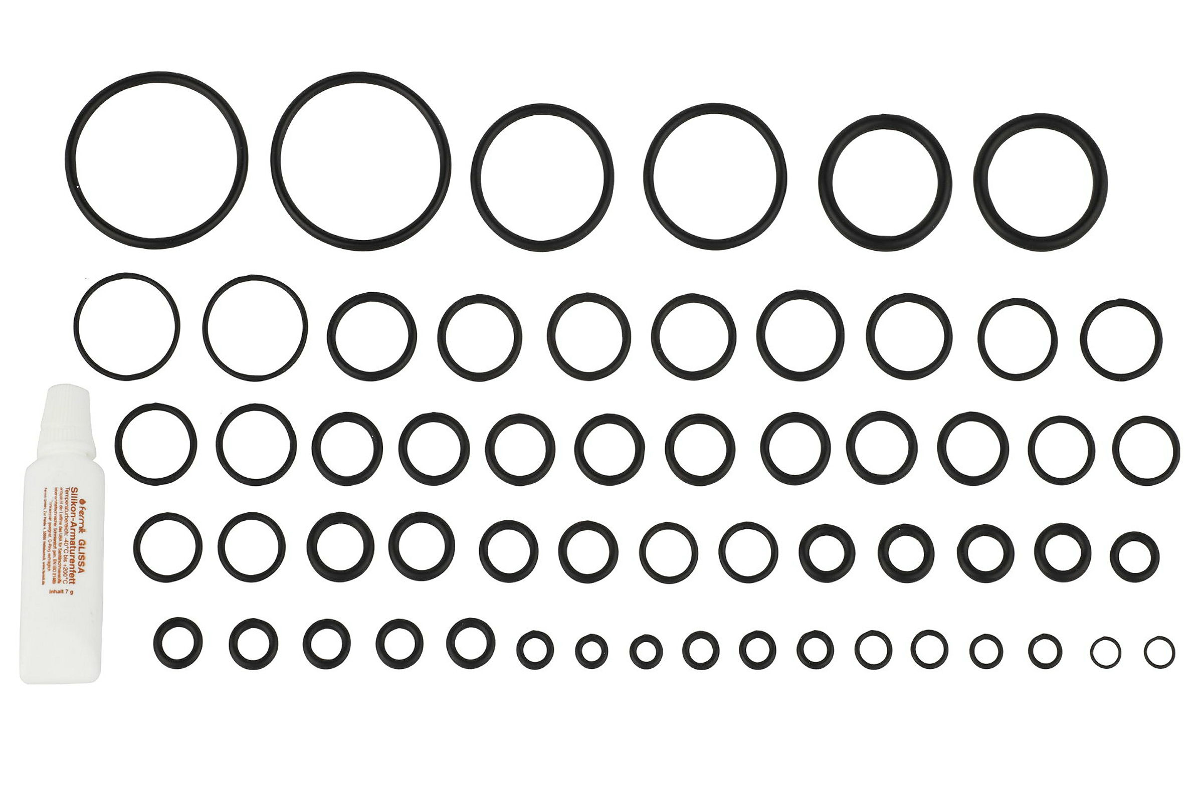 O-Ring-Sortiment, Gummi, diverse Größen, mit Hahnfett 7 g (58x)