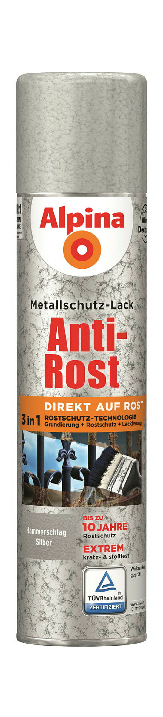 Alpina Metallschutzlack Anti-Rost Hammerschlag Silber 400ml Sprühdose matt