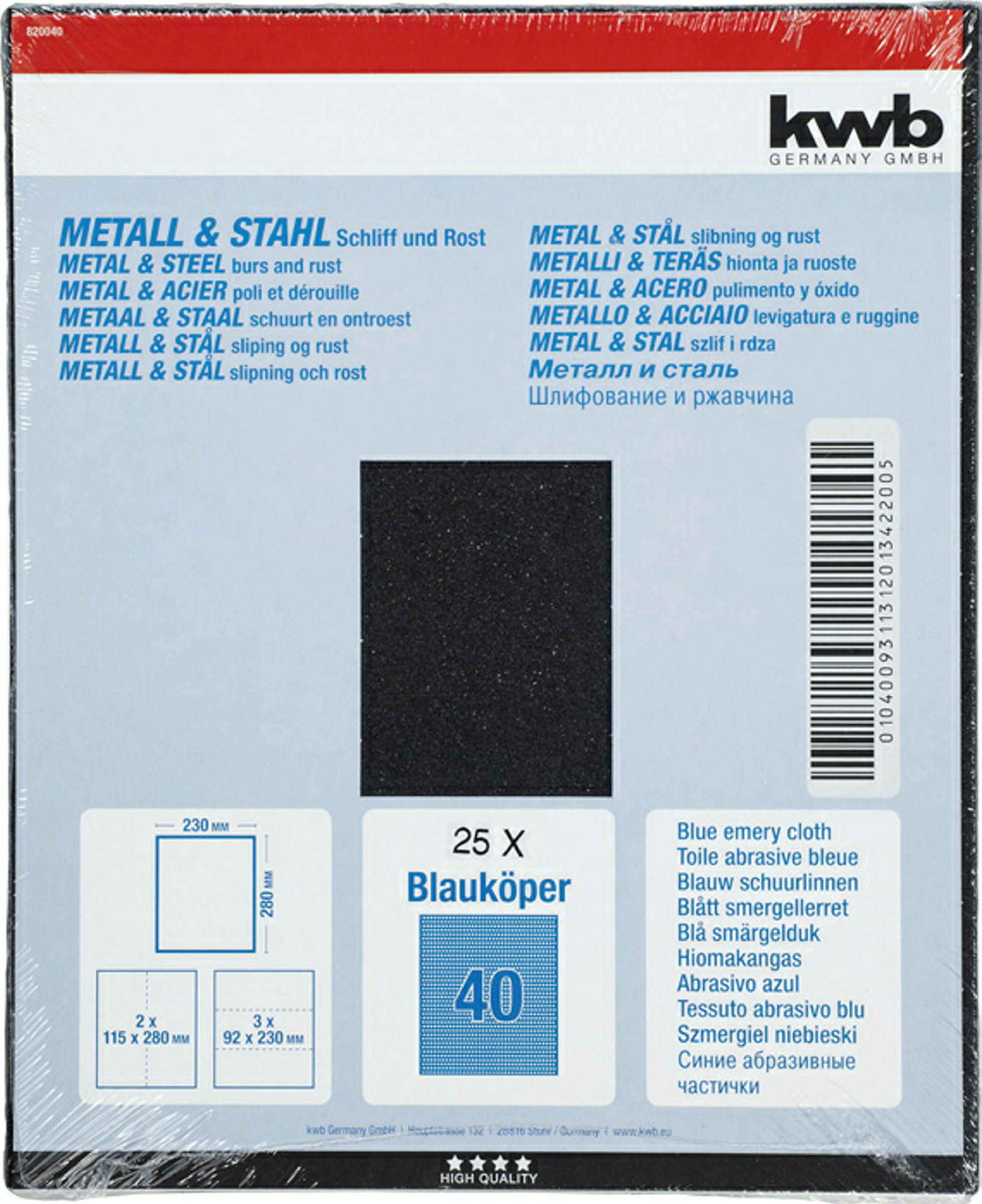 Schleifgewebe METALL & STAHL, Blauköper, 230 x 280 mm, K 40