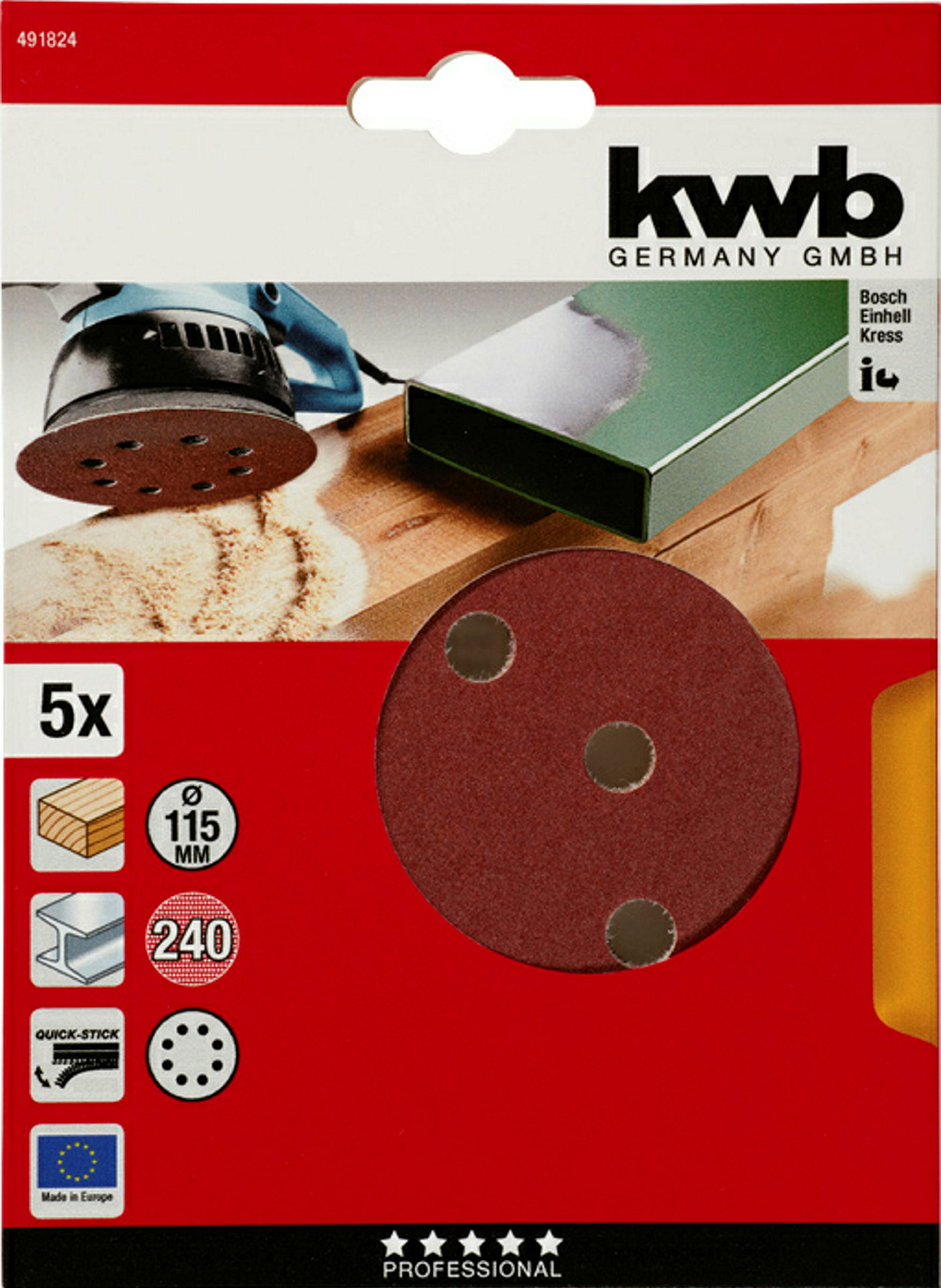 Haft-Schleifscheiben, HOLZ & METALL, Edelkorund, Ø 115 mm, gelocht, K 240