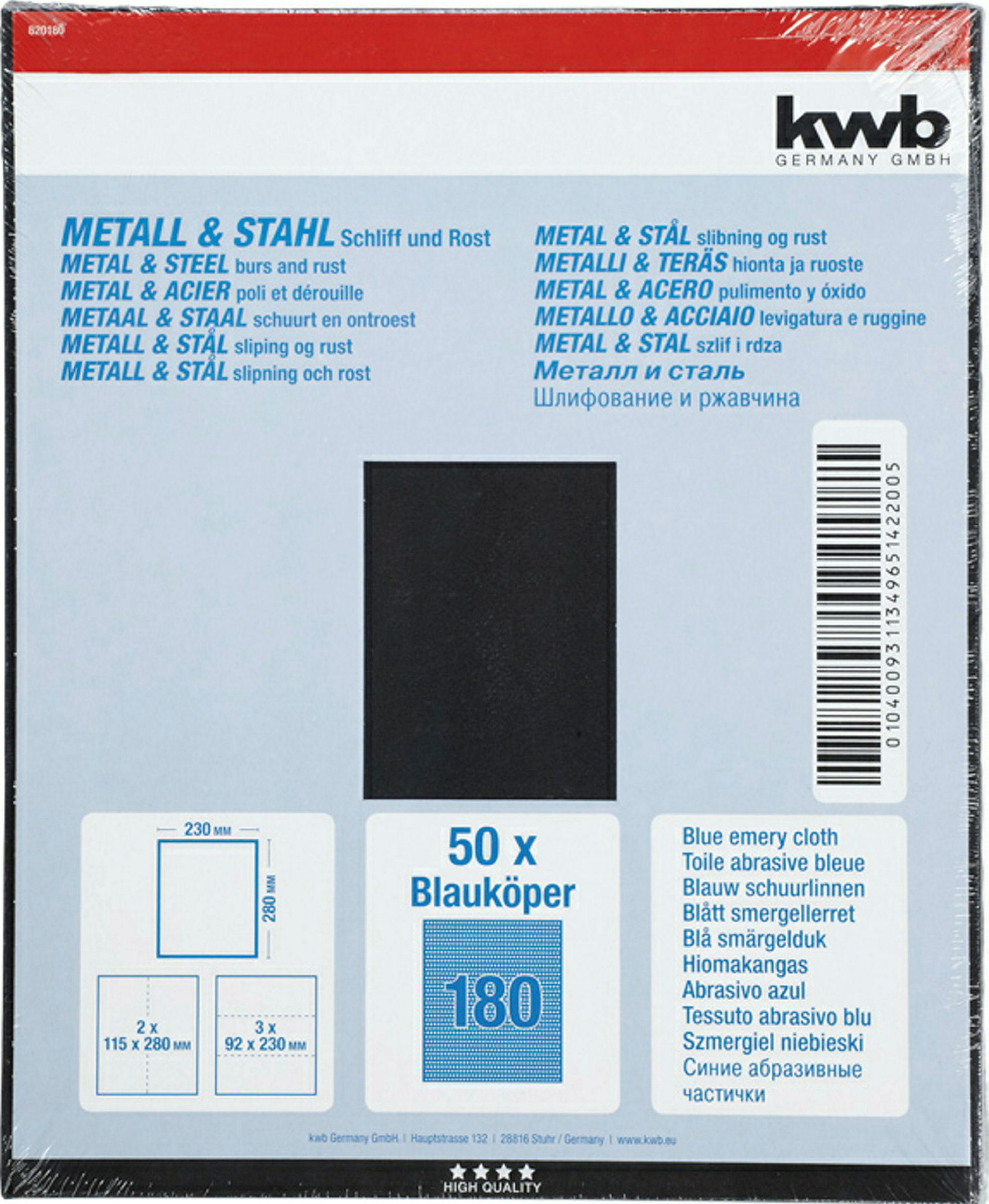 Schleifgewebe METALL & STAHL, Blauköper, 230 x 280 mm, K 180