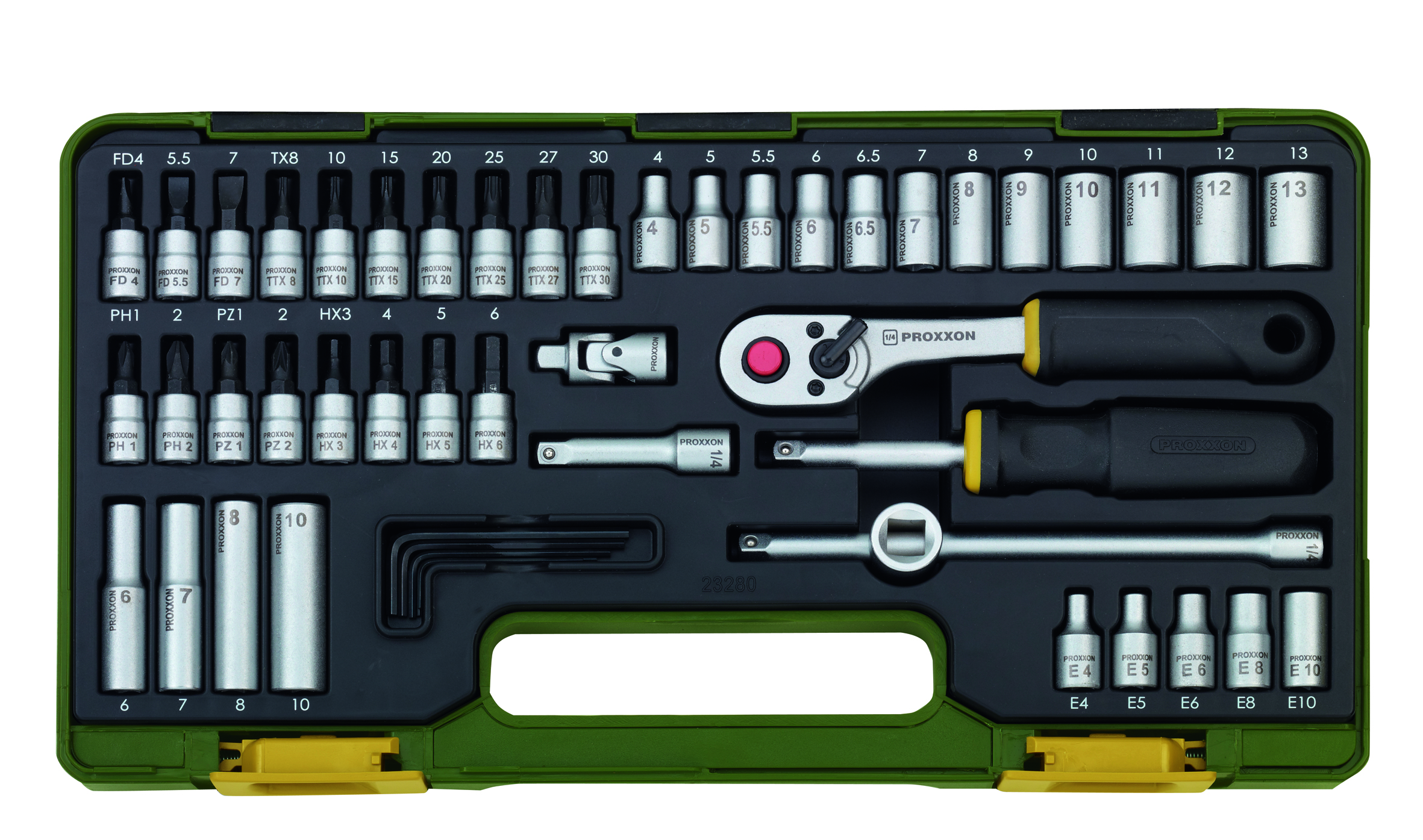 PROXXON-Steckschlüsselsatz mit Knüppelratsche, 1/4'' (50-teilig)