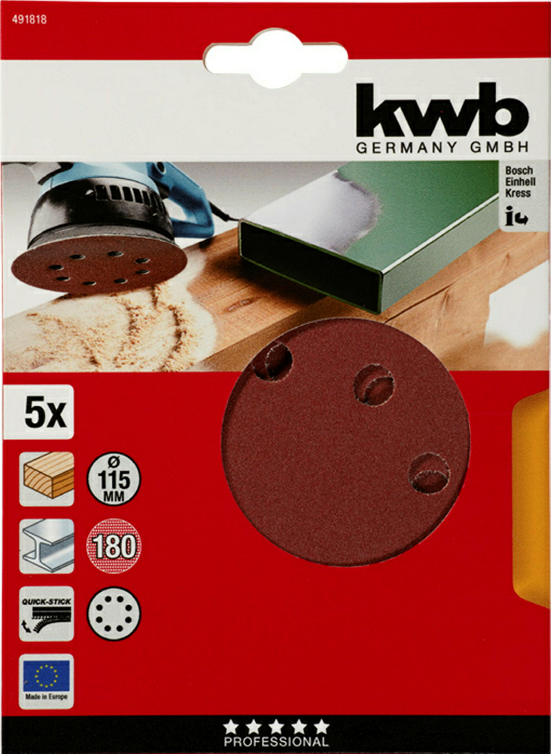 Haft-Schleifscheiben, HOLZ & METALL, Edelkorund, Ø 115 mm, gelocht, K 180